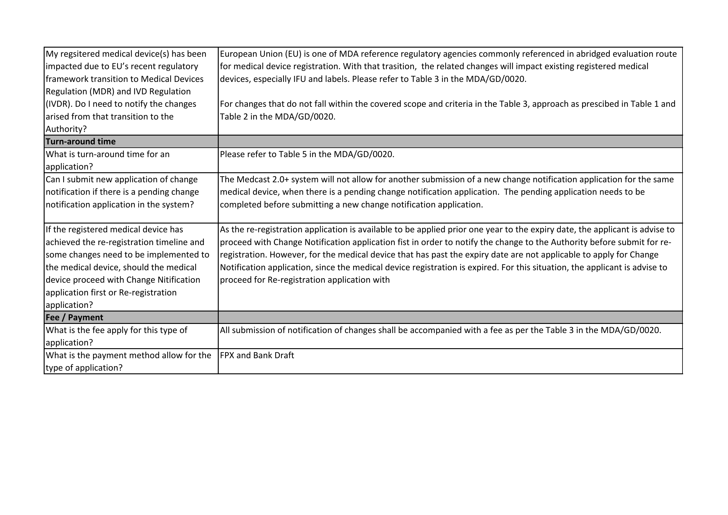 MDA Change Notification FAQ — original official PDF page 3; complete source layout retained