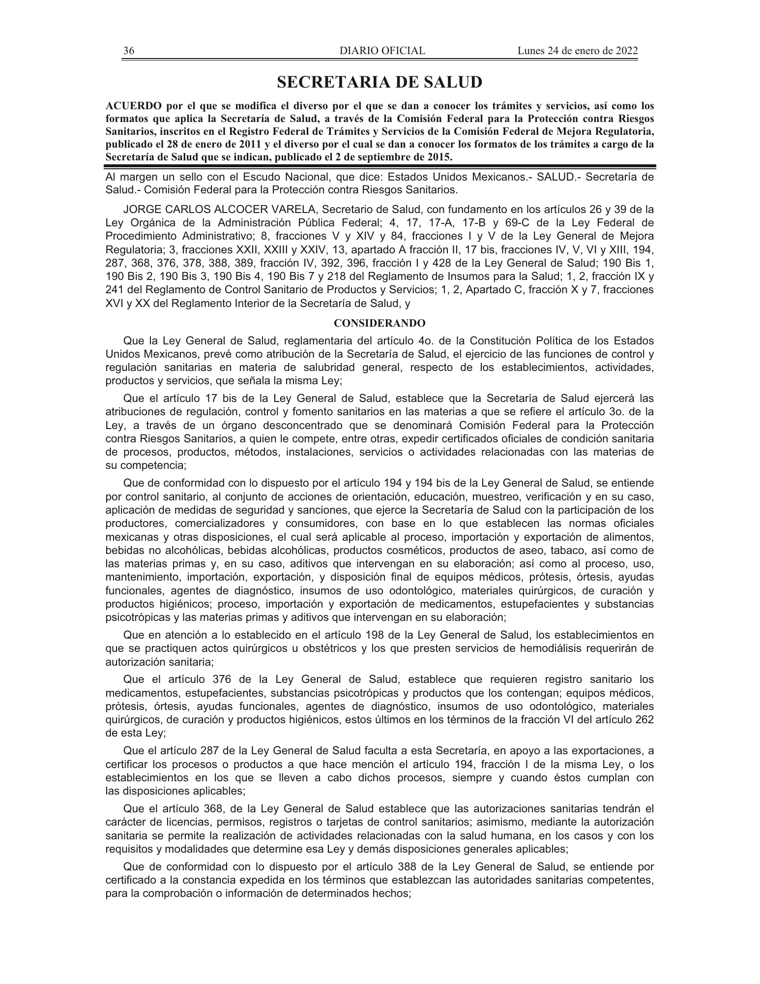 COFEPRIS procedures/forms amendment, DOF 24 January 2022 — original physical PDF page 1; complete page image is authoritative.