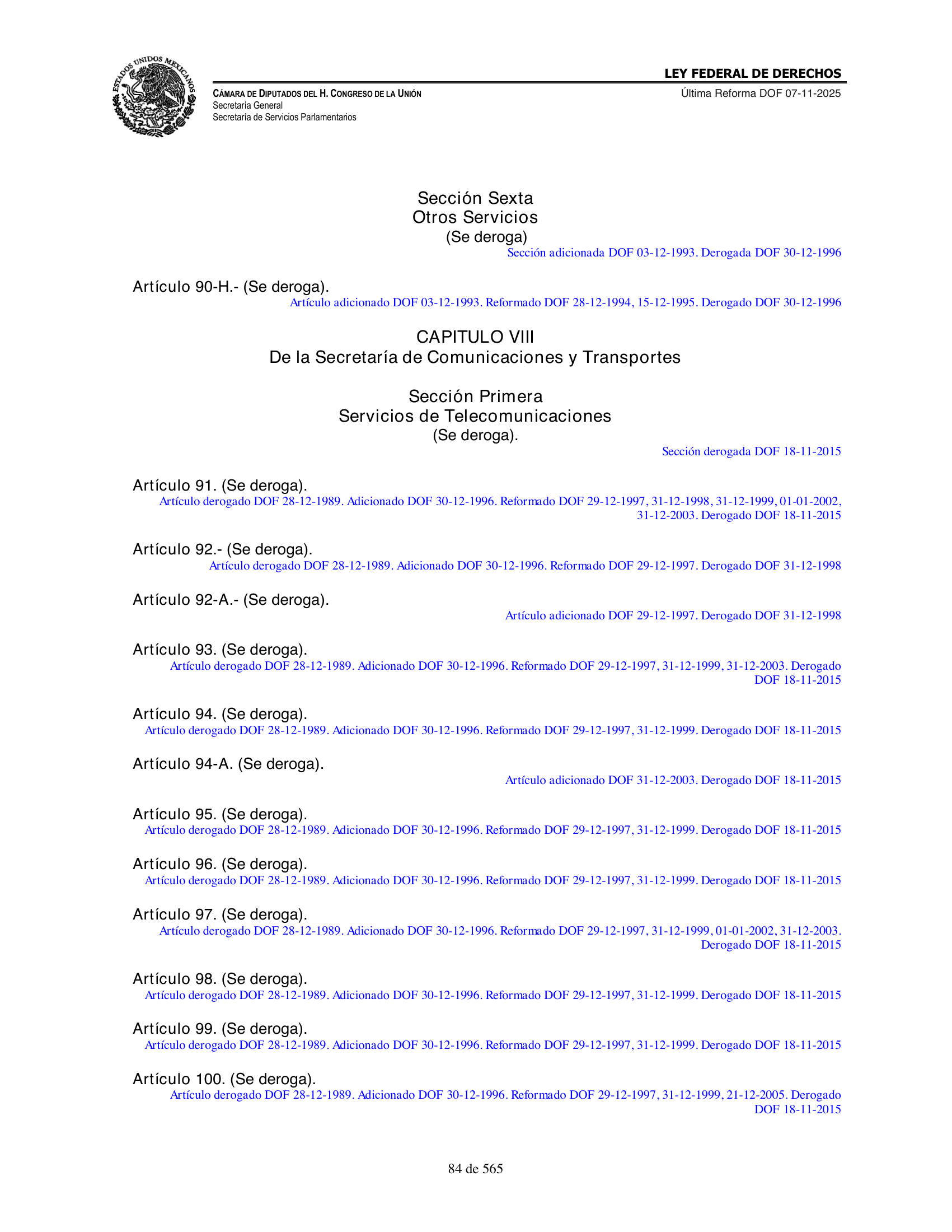 Ley Federal de Derechos — official Chamber compilation — original physical page 84 of 565; complete original page image governs, native search text may be incomplete.