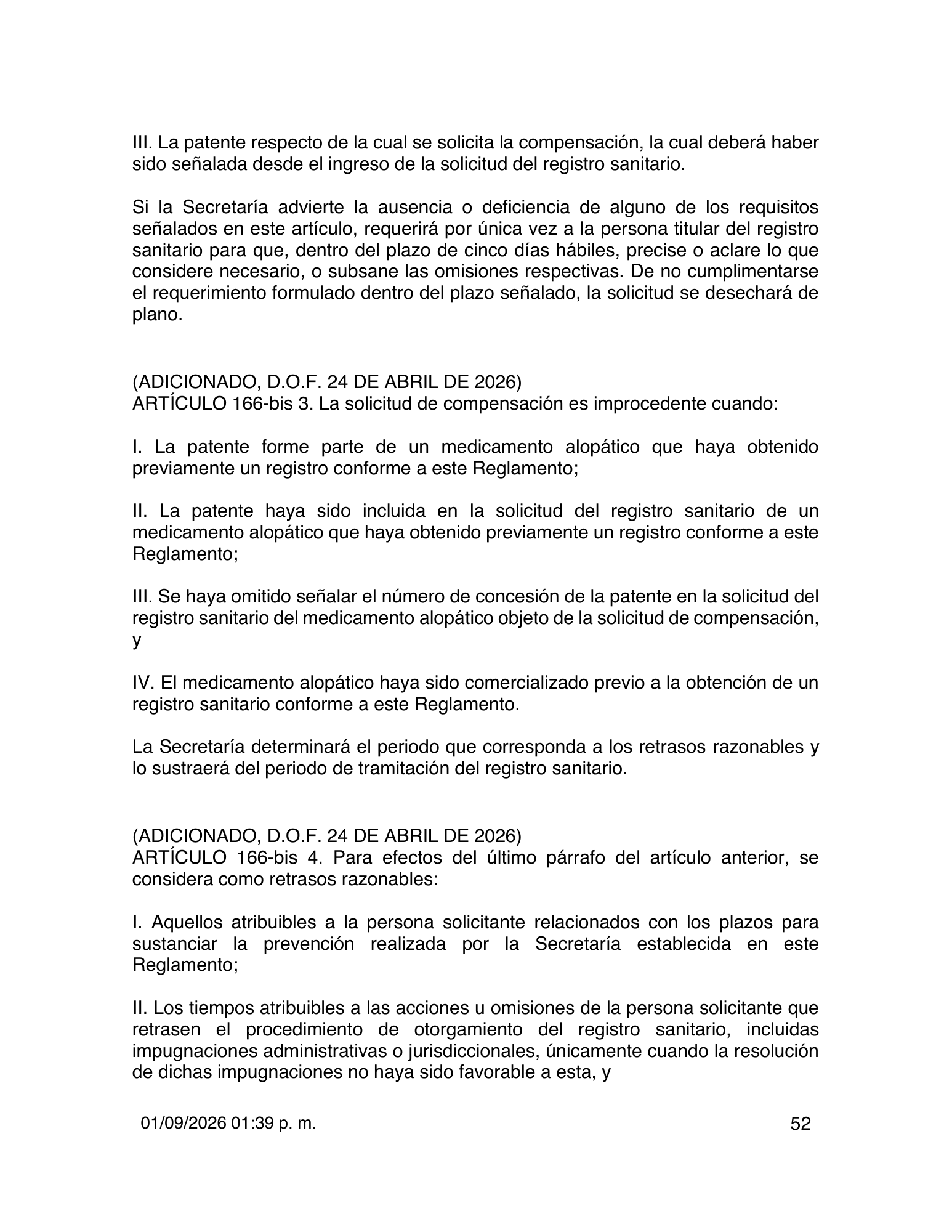 Reglamento de Insumos para la Salud — 2026 compiled expression — official PDF page 52