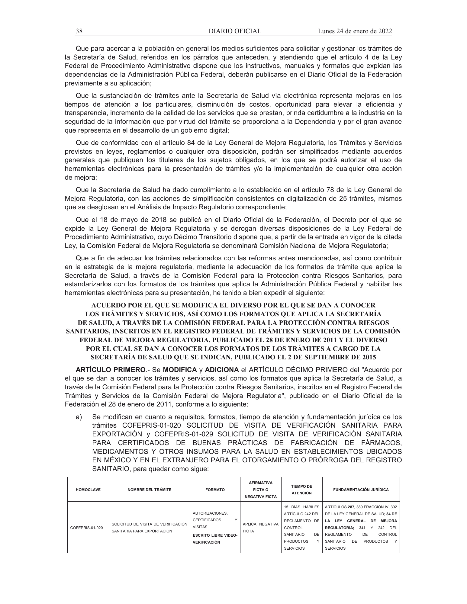 COFEPRIS procedures/forms amendment, DOF 24 January 2022 — original physical PDF page 3; complete page image is authoritative.