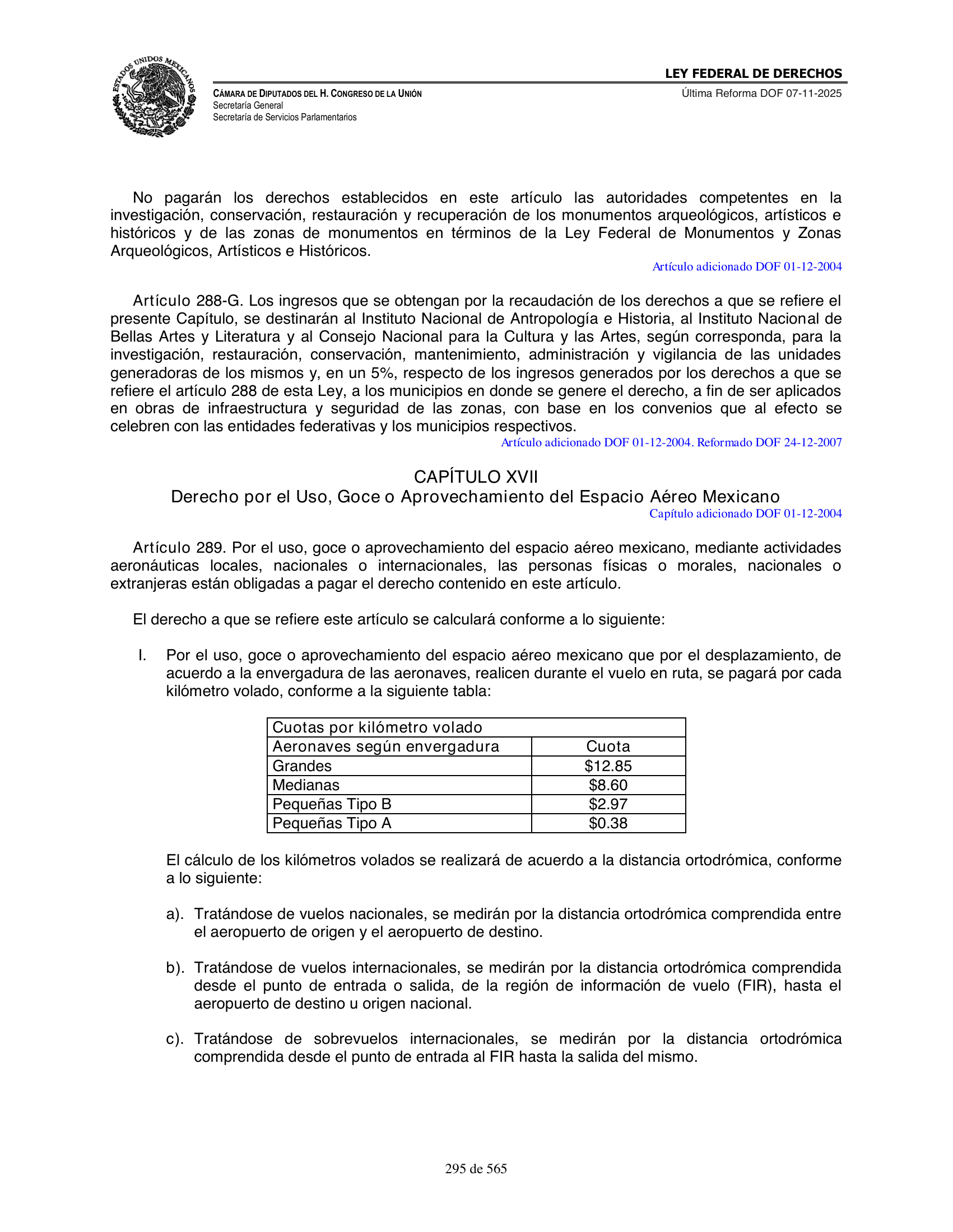Ley Federal de Derechos — official Chamber compilation — original physical page 295 of 565; complete original page image governs, native search text may be incomplete.