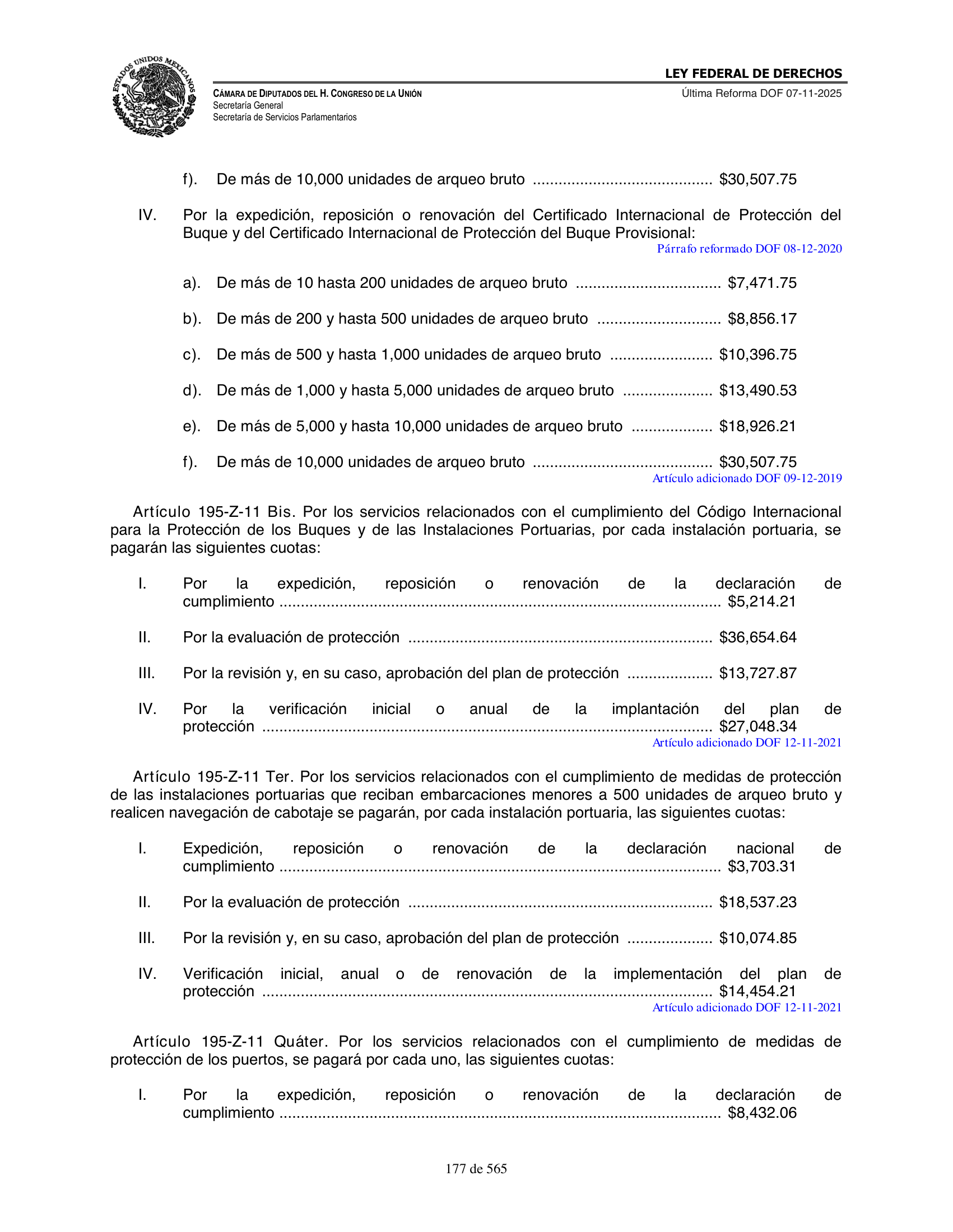 Ley Federal de Derechos — official Chamber compilation — original physical page 177 of 565; complete original page image governs, native search text may be incomplete.