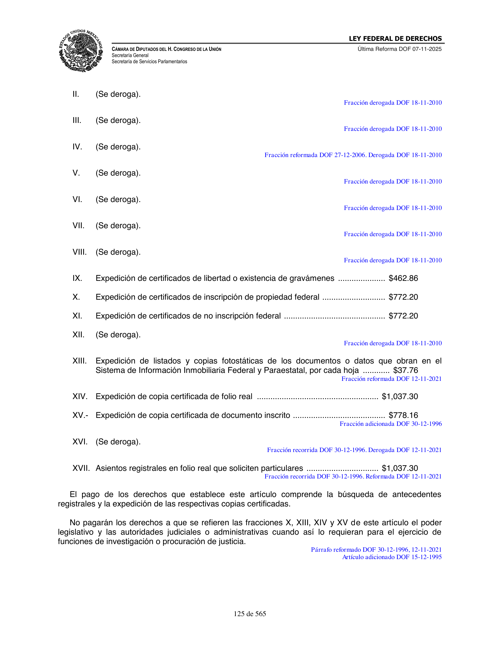 Ley Federal de Derechos — official Chamber compilation — original physical page 125 of 565; complete original page image governs, native search text may be incomplete.