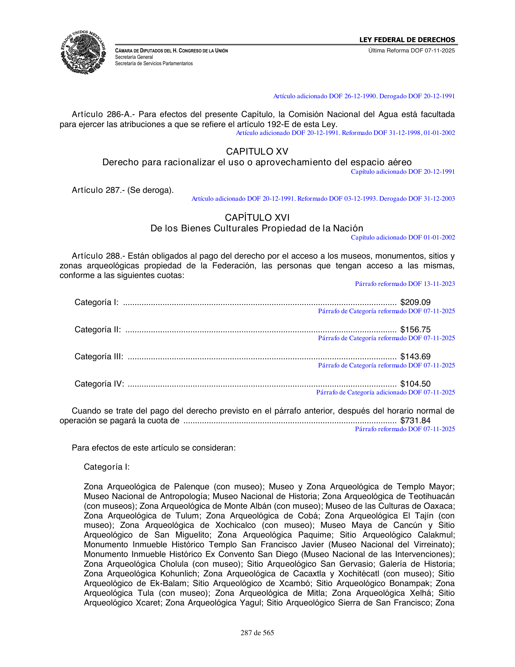 Ley Federal de Derechos — official Chamber compilation — original physical page 287 of 565; complete original page image governs, native search text may be incomplete.