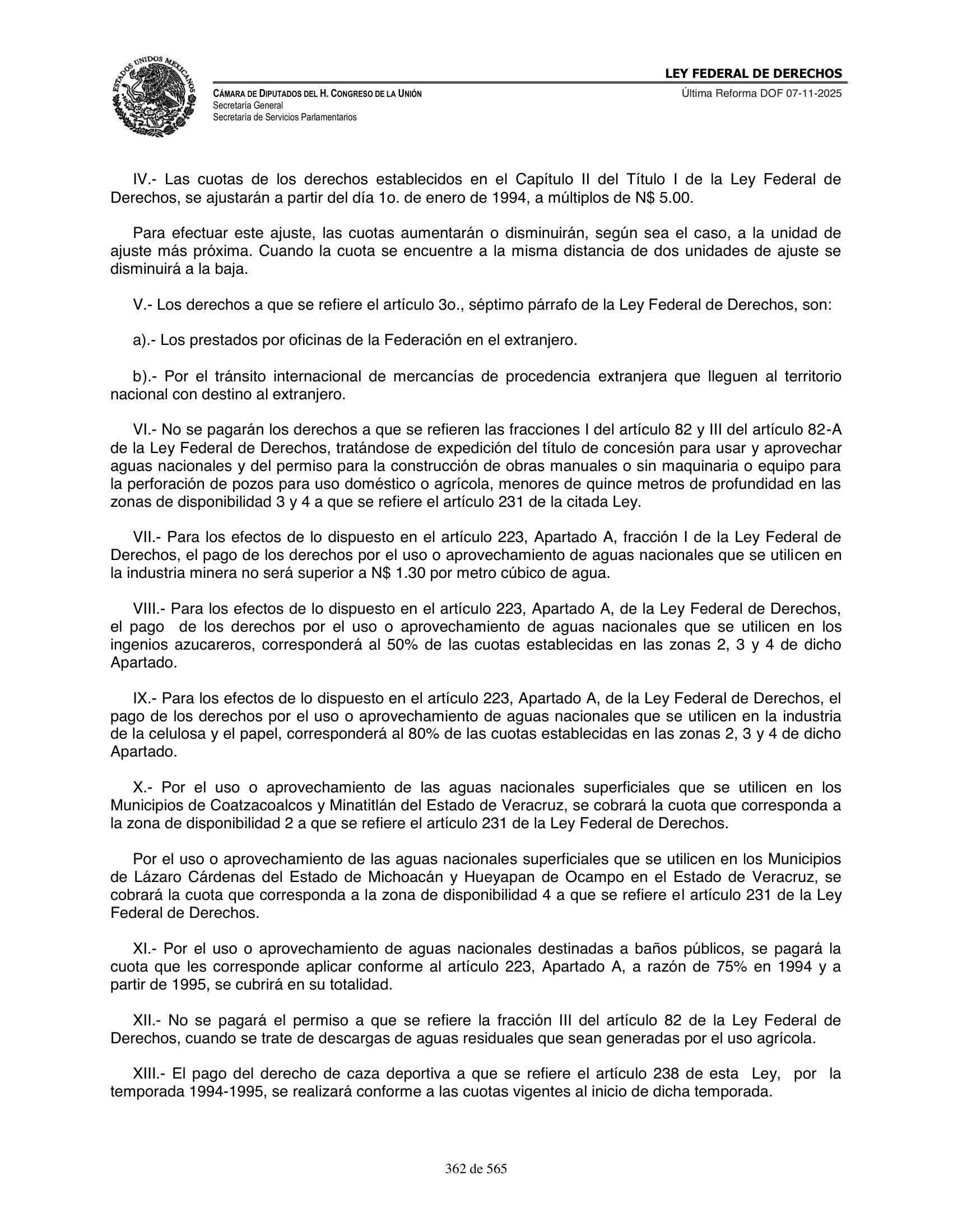 Ley Federal de Derechos — official Chamber compilation — original physical page 362 of 565; complete original page image governs, native search text may be incomplete.