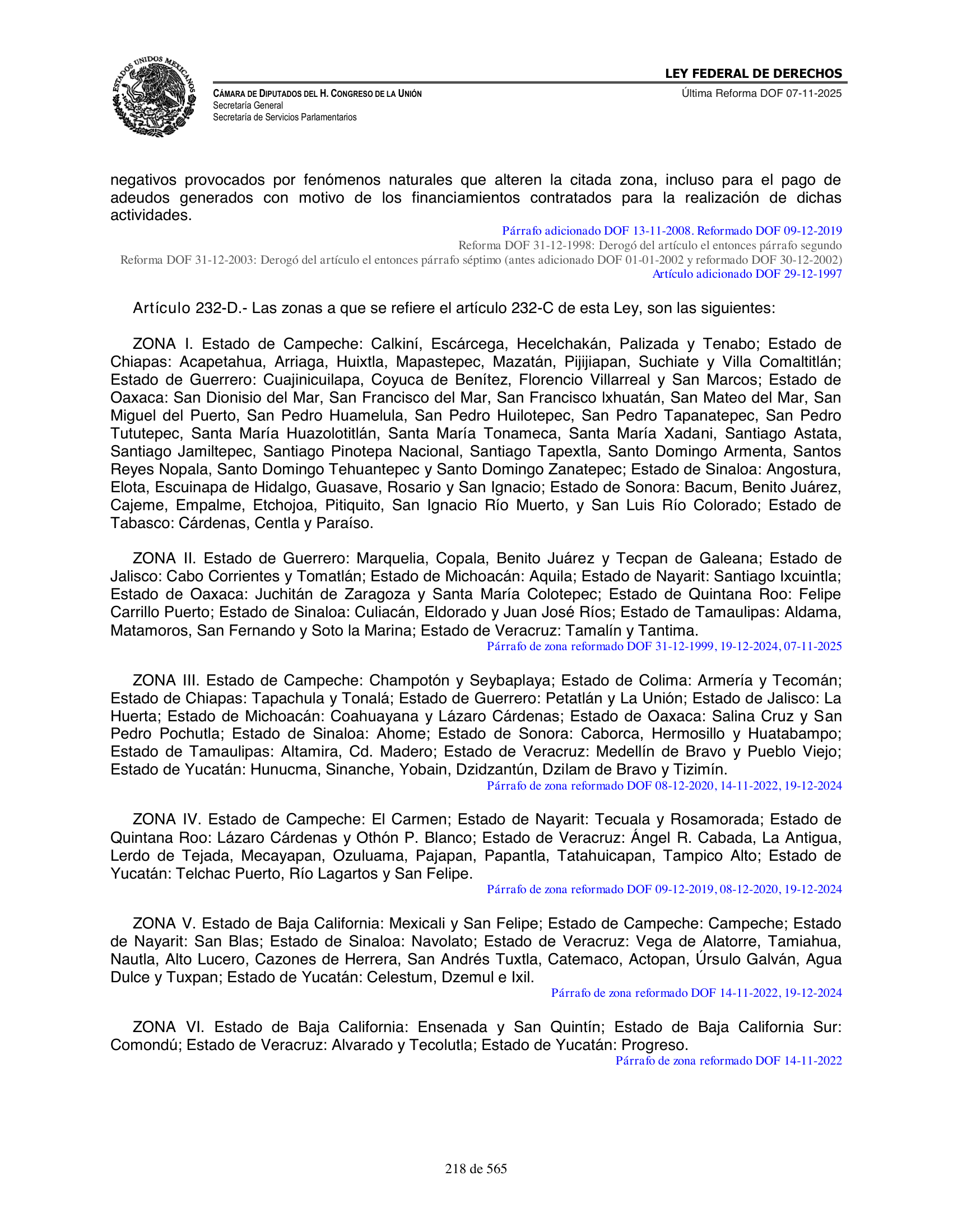 Ley Federal de Derechos — official Chamber compilation — original physical page 218 of 565; complete original page image governs, native search text may be incomplete.