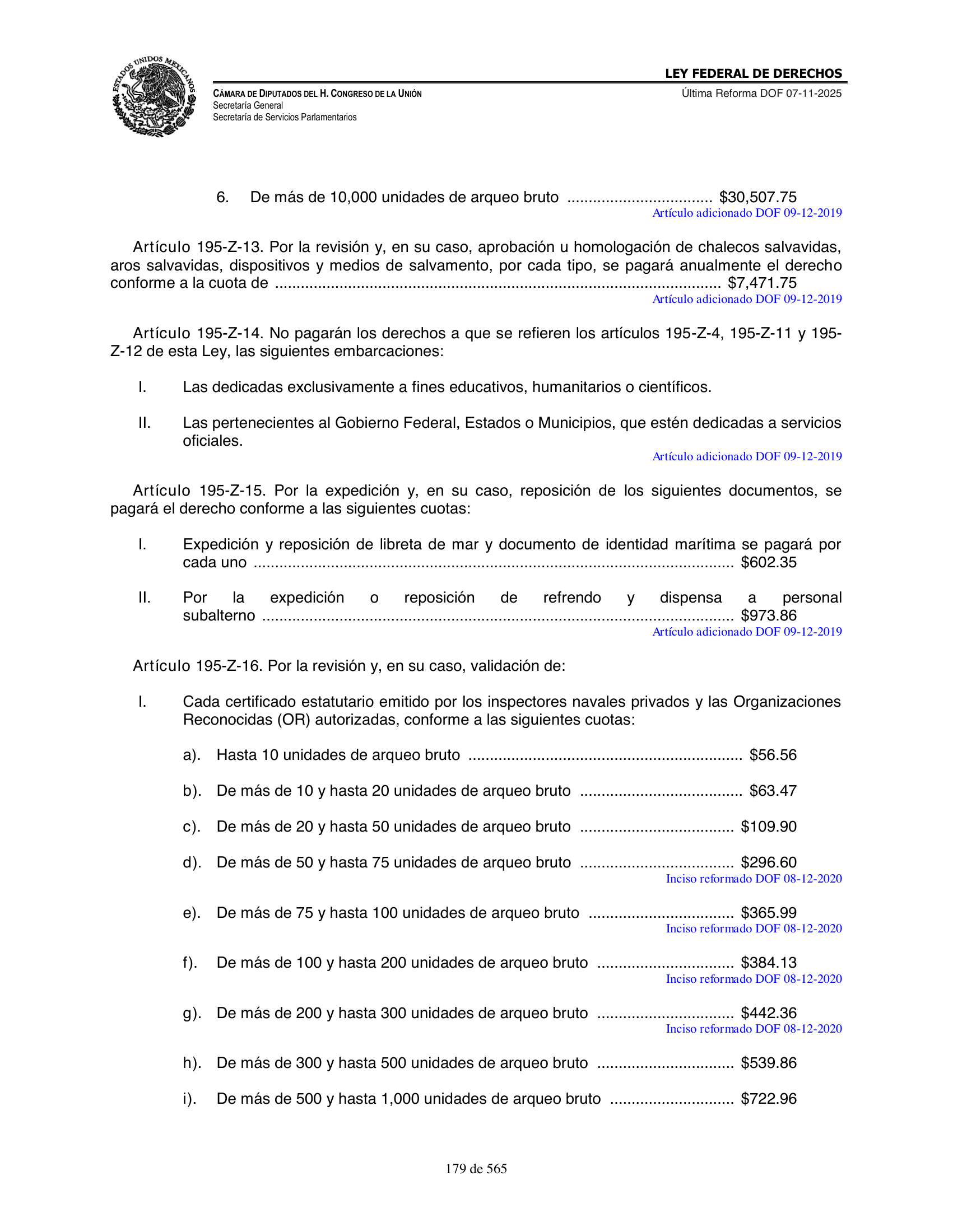 Ley Federal de Derechos — official Chamber compilation — original physical page 179 of 565; complete original page image governs, native search text may be incomplete.