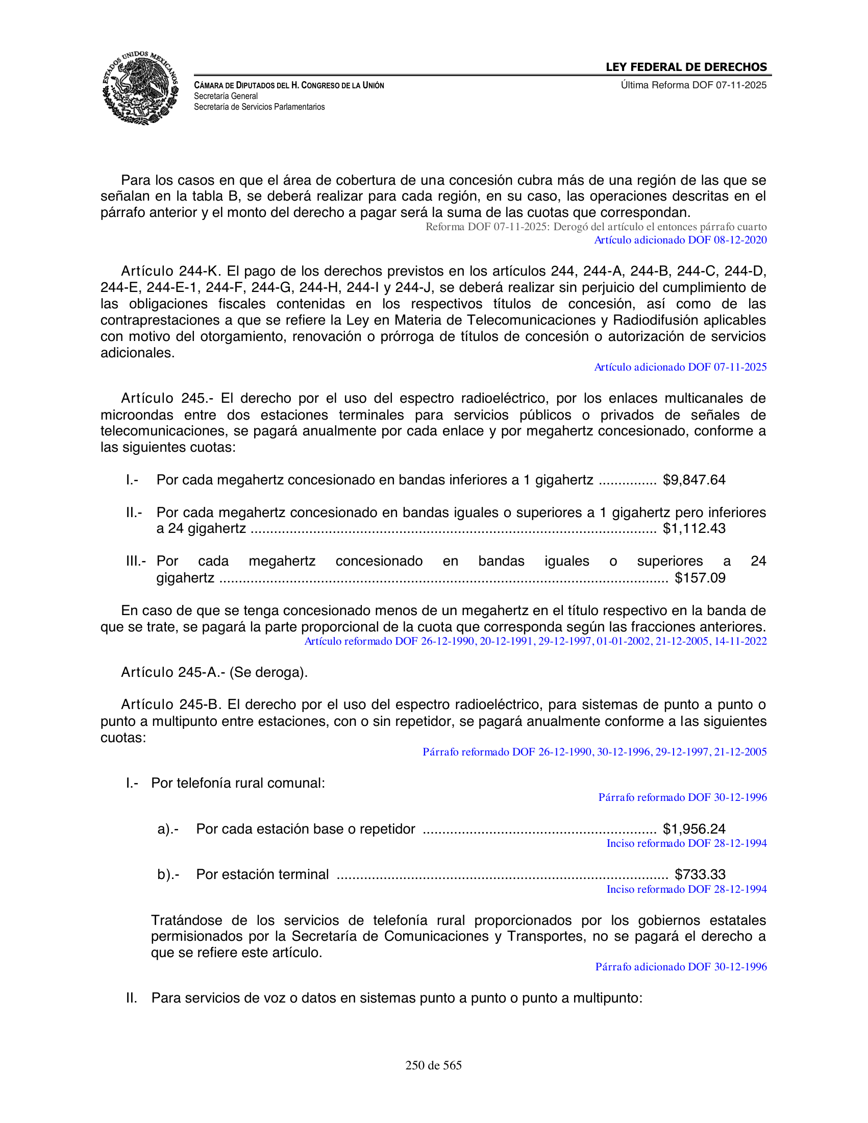 Ley Federal de Derechos — official Chamber compilation — original physical page 250 of 565; complete original page image governs, native search text may be incomplete.