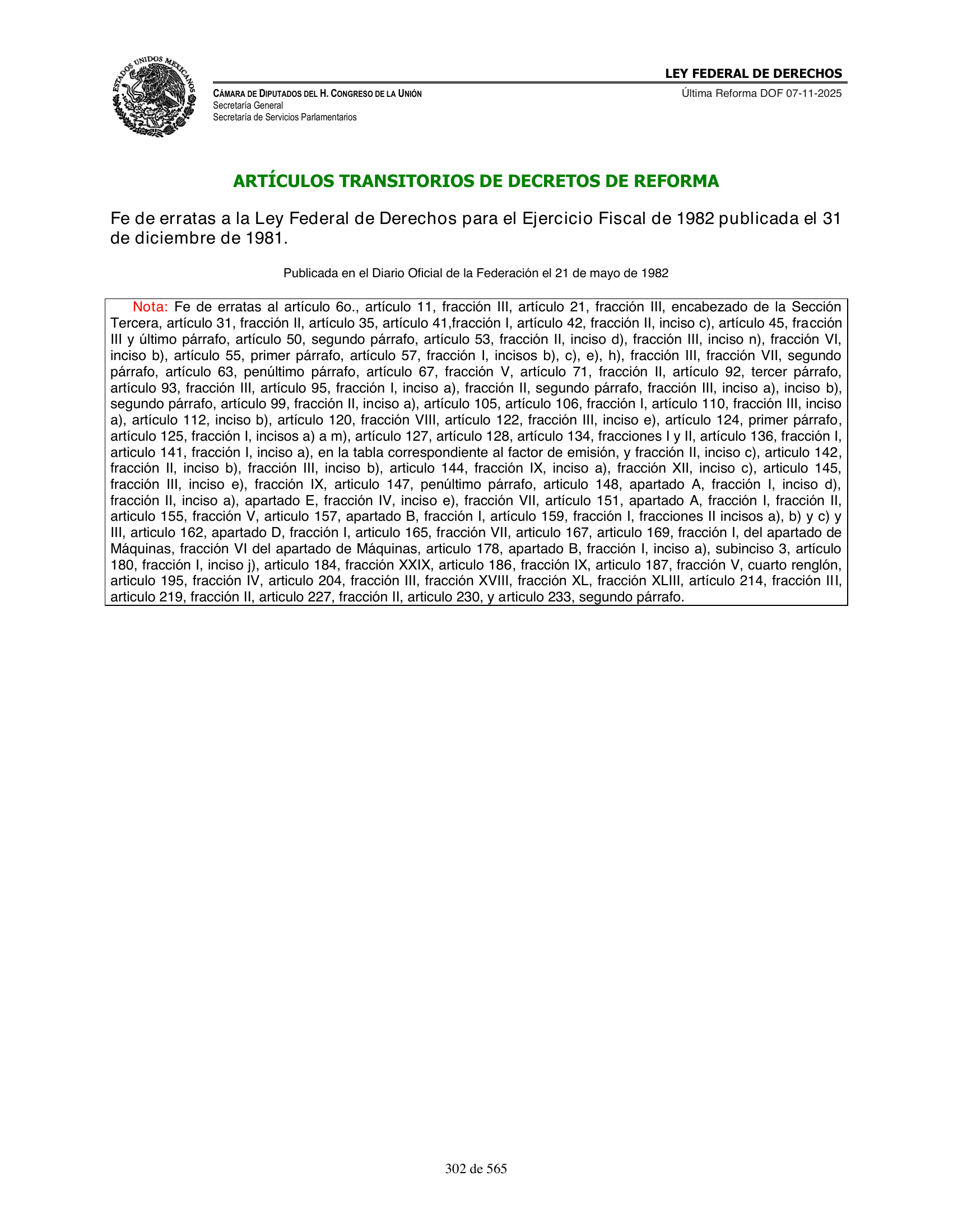 Ley Federal de Derechos — official Chamber compilation — original physical page 302 of 565; complete original page image governs, native search text may be incomplete.