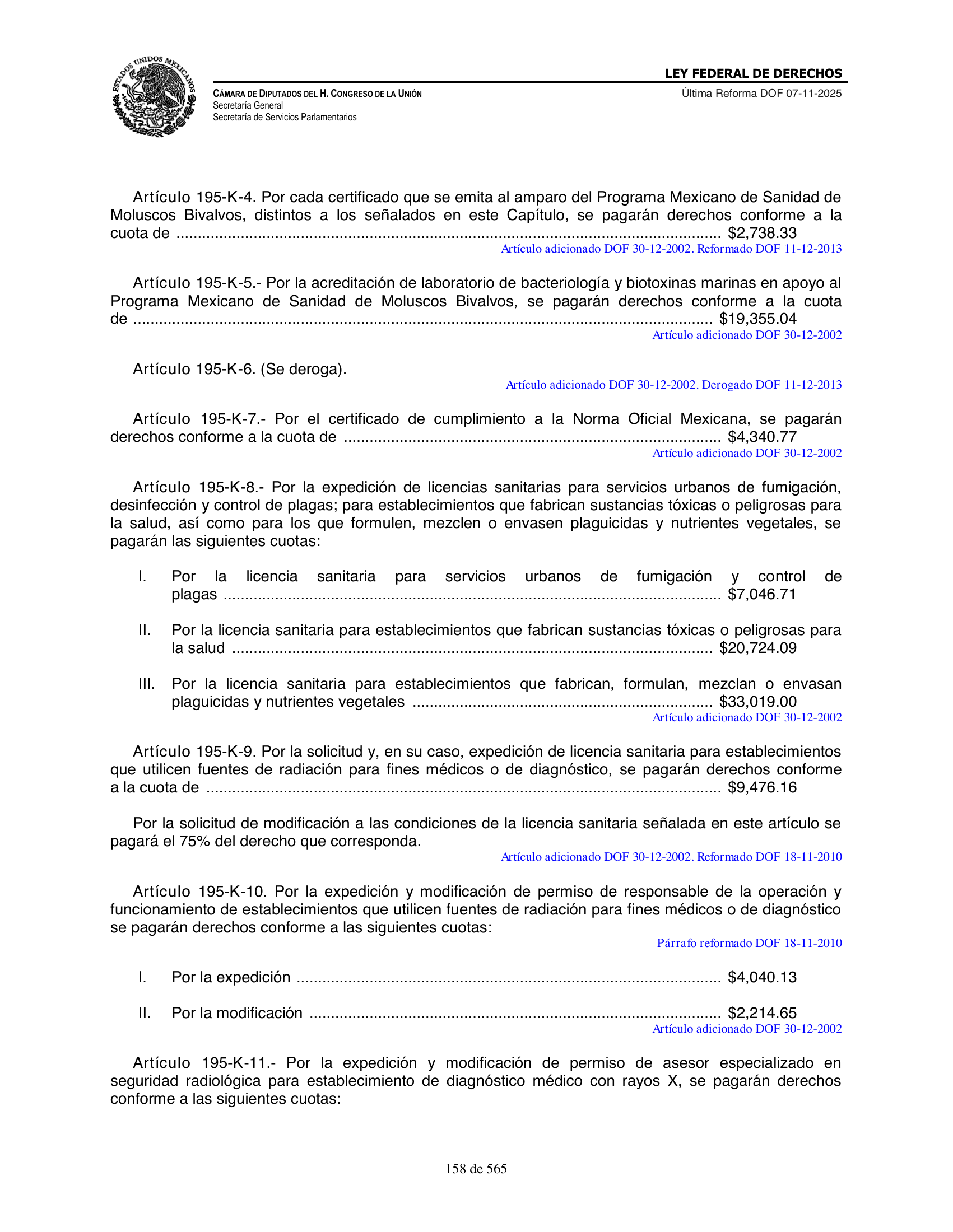 Ley Federal de Derechos — official Chamber compilation — original physical page 158 of 565; complete original page image governs, native search text may be incomplete.