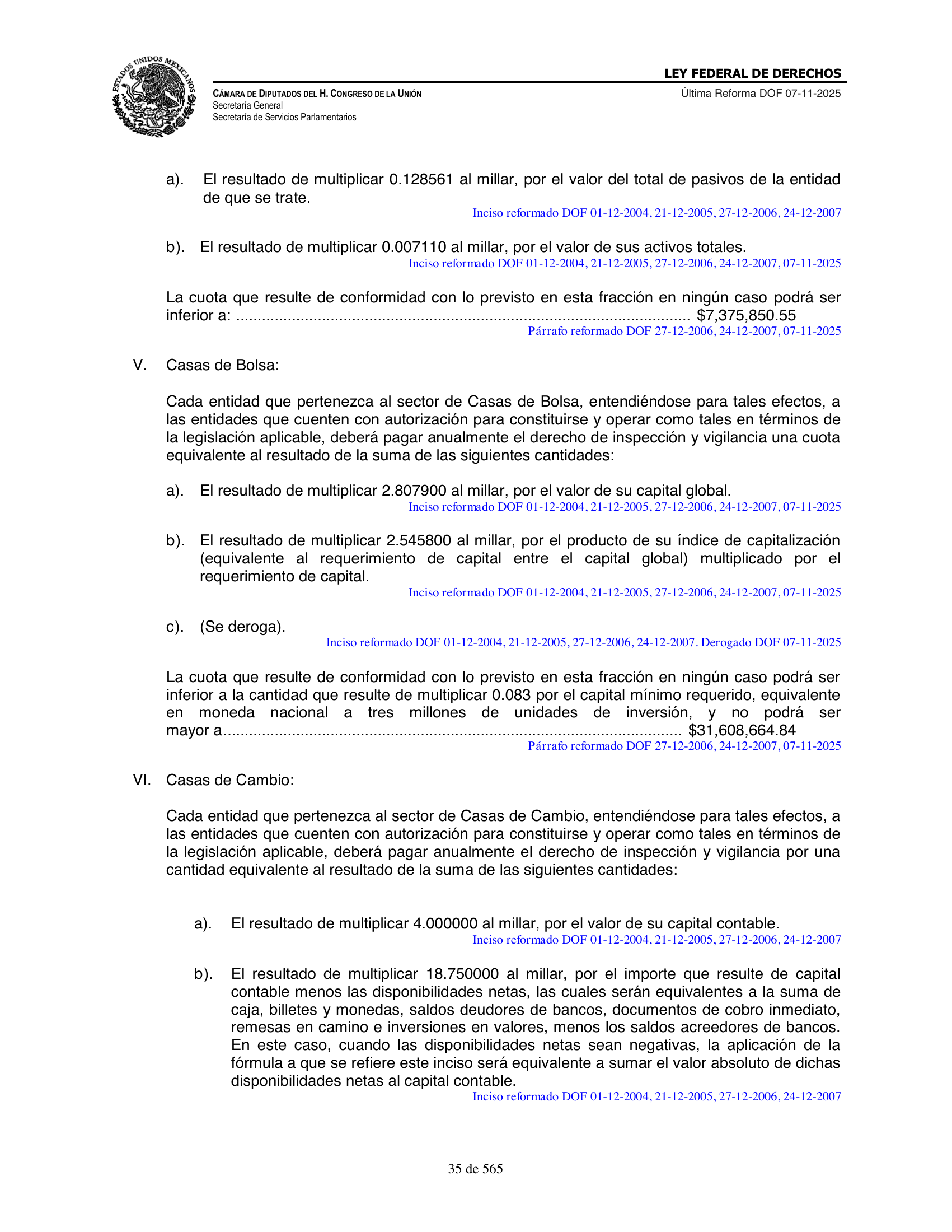 Ley Federal de Derechos — official Chamber compilation — original physical page 35 of 565; complete original page image governs, native search text may be incomplete.