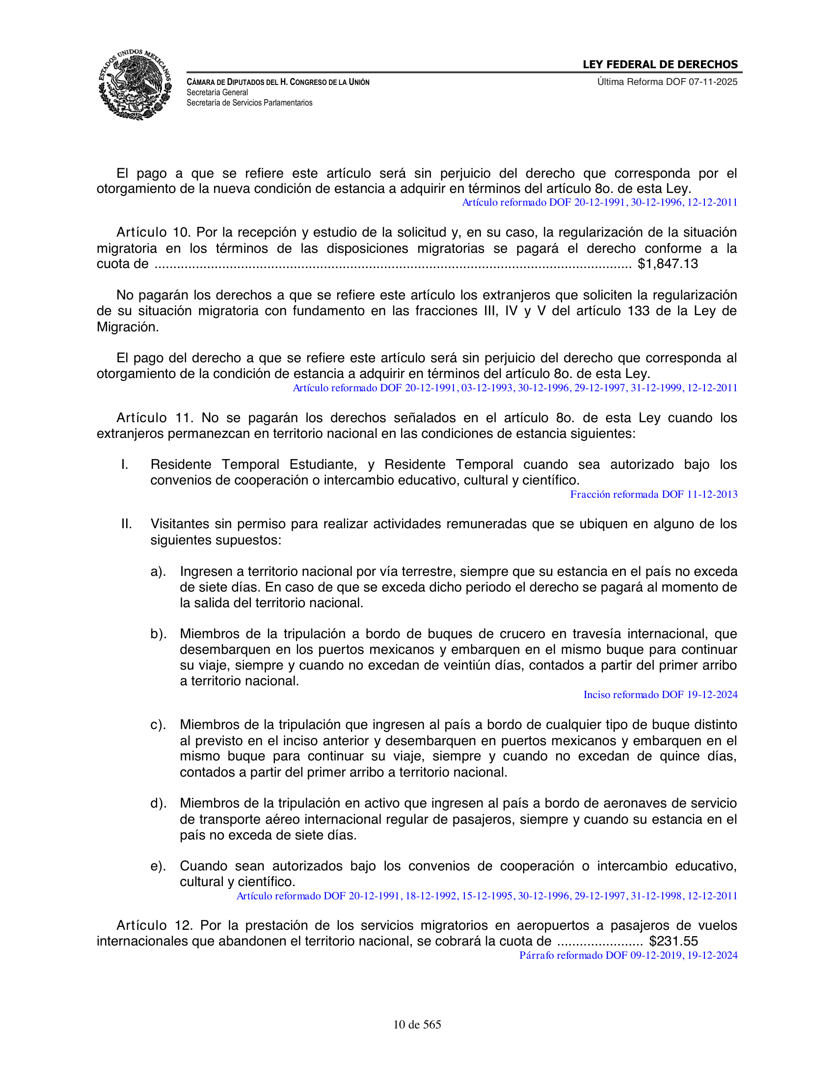 Ley Federal de Derechos — official Chamber compilation — original physical page 10 of 565; complete original page image governs, native search text may be incomplete.