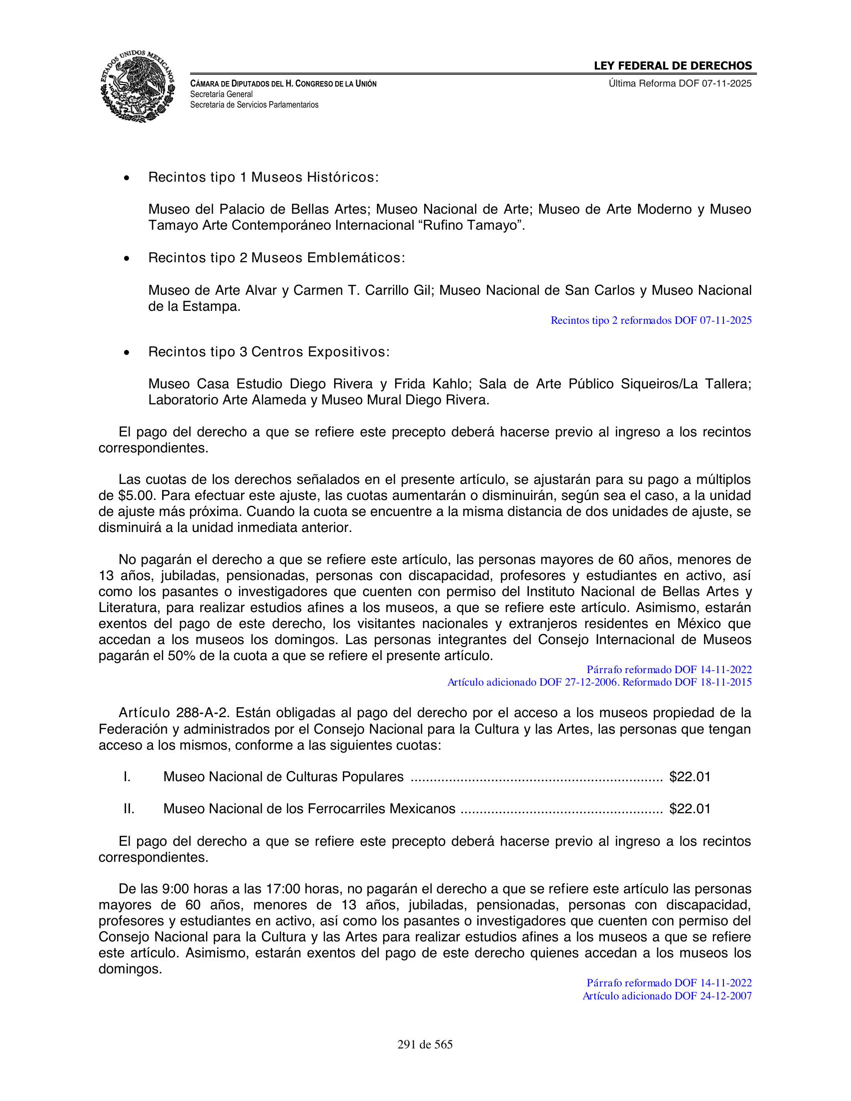 Ley Federal de Derechos — official Chamber compilation — original physical page 291 of 565; complete original page image governs, native search text may be incomplete.