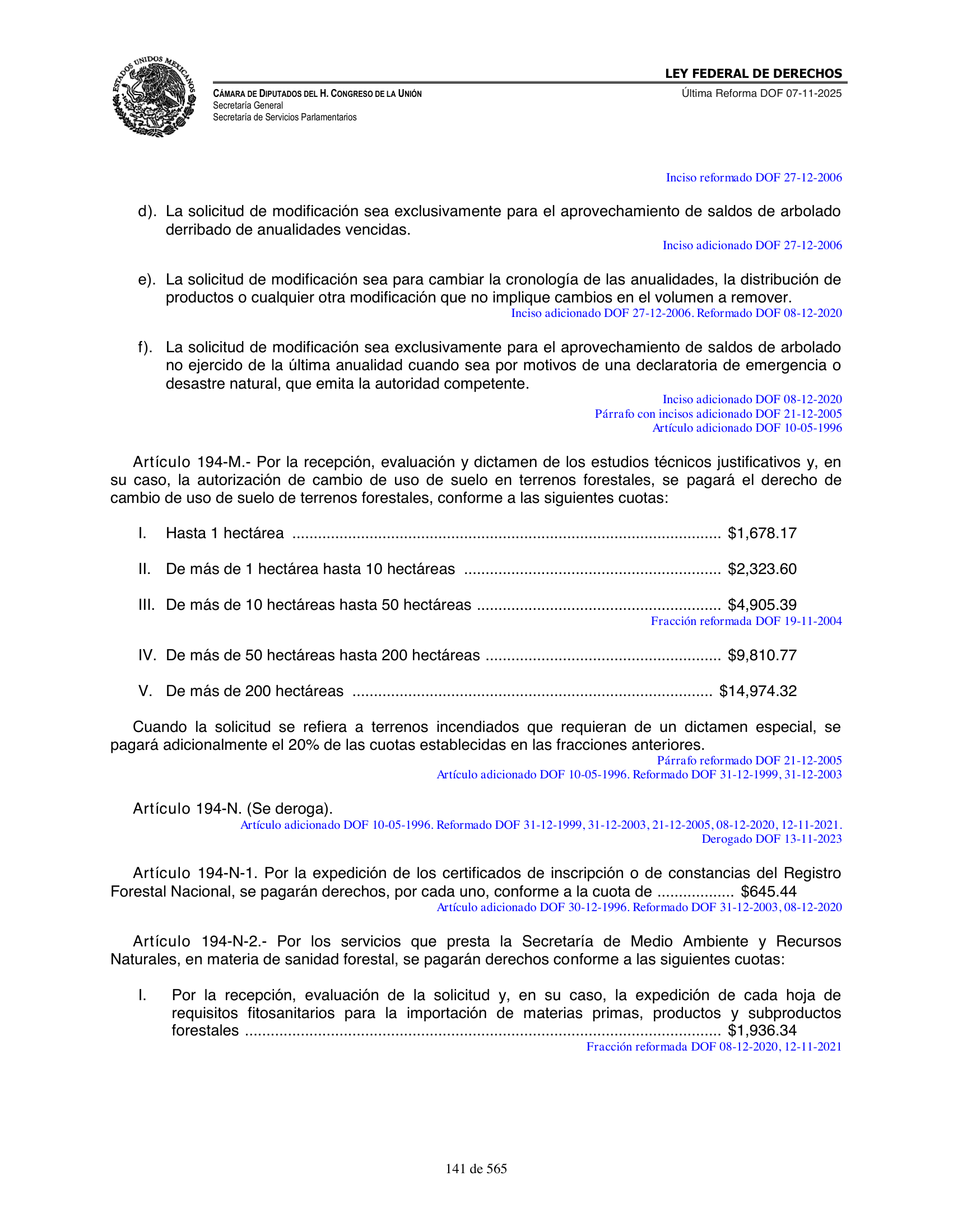 Ley Federal de Derechos — official Chamber compilation — original physical page 141 of 565; complete original page image governs, native search text may be incomplete.