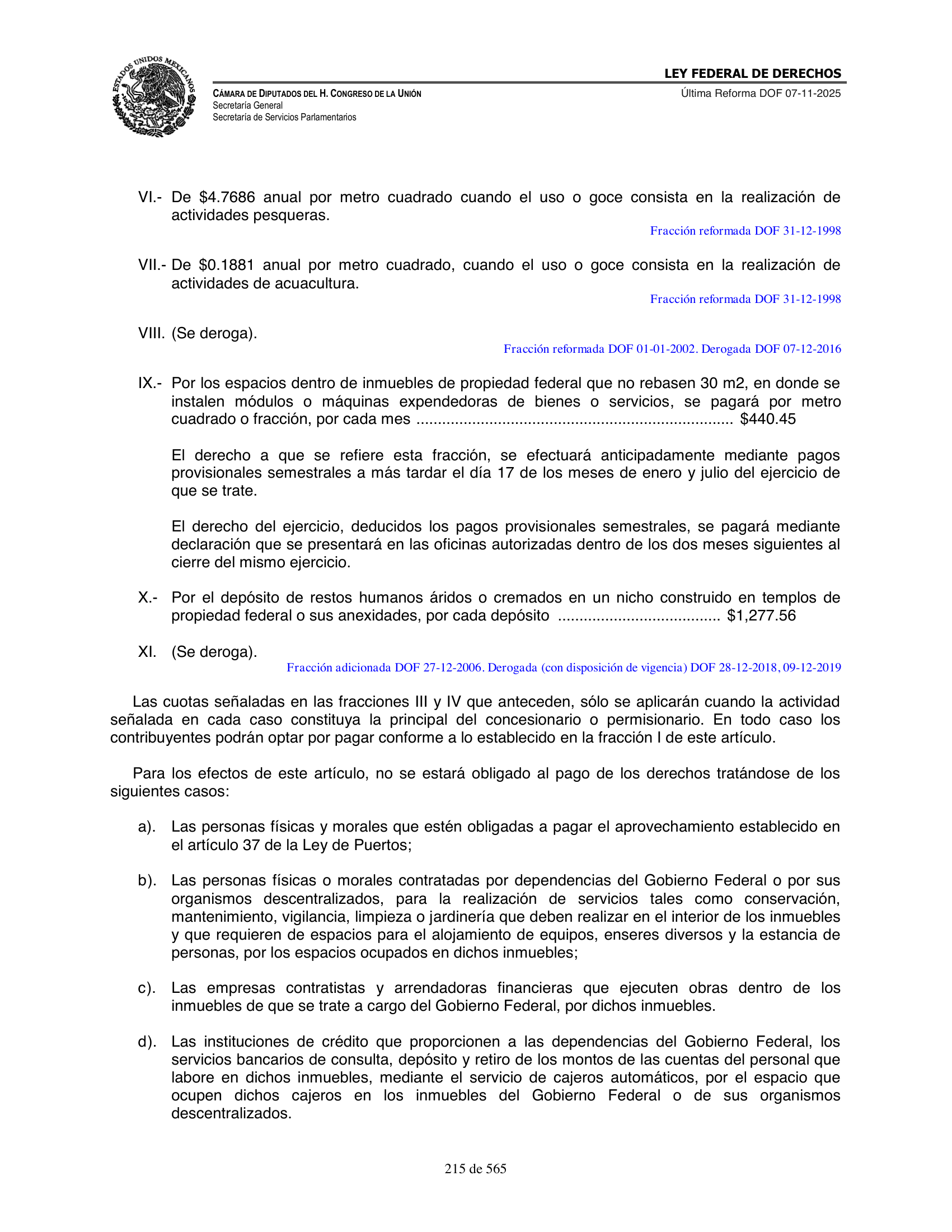 Ley Federal de Derechos — official Chamber compilation — original physical page 215 of 565; complete original page image governs, native search text may be incomplete.