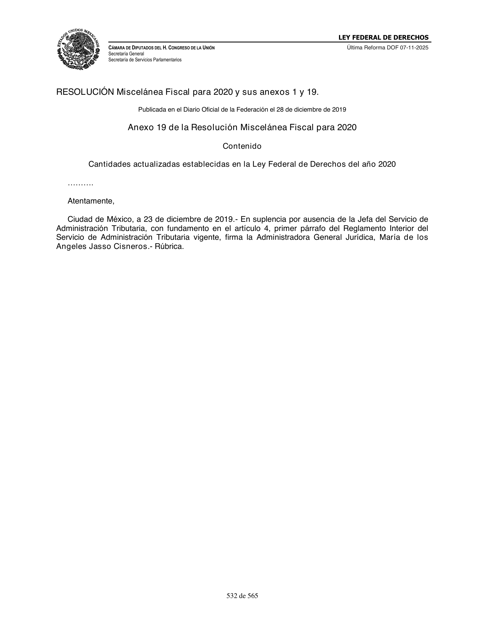 Ley Federal de Derechos — official Chamber compilation — original physical page 532 of 565; complete original page image governs, native search text may be incomplete.