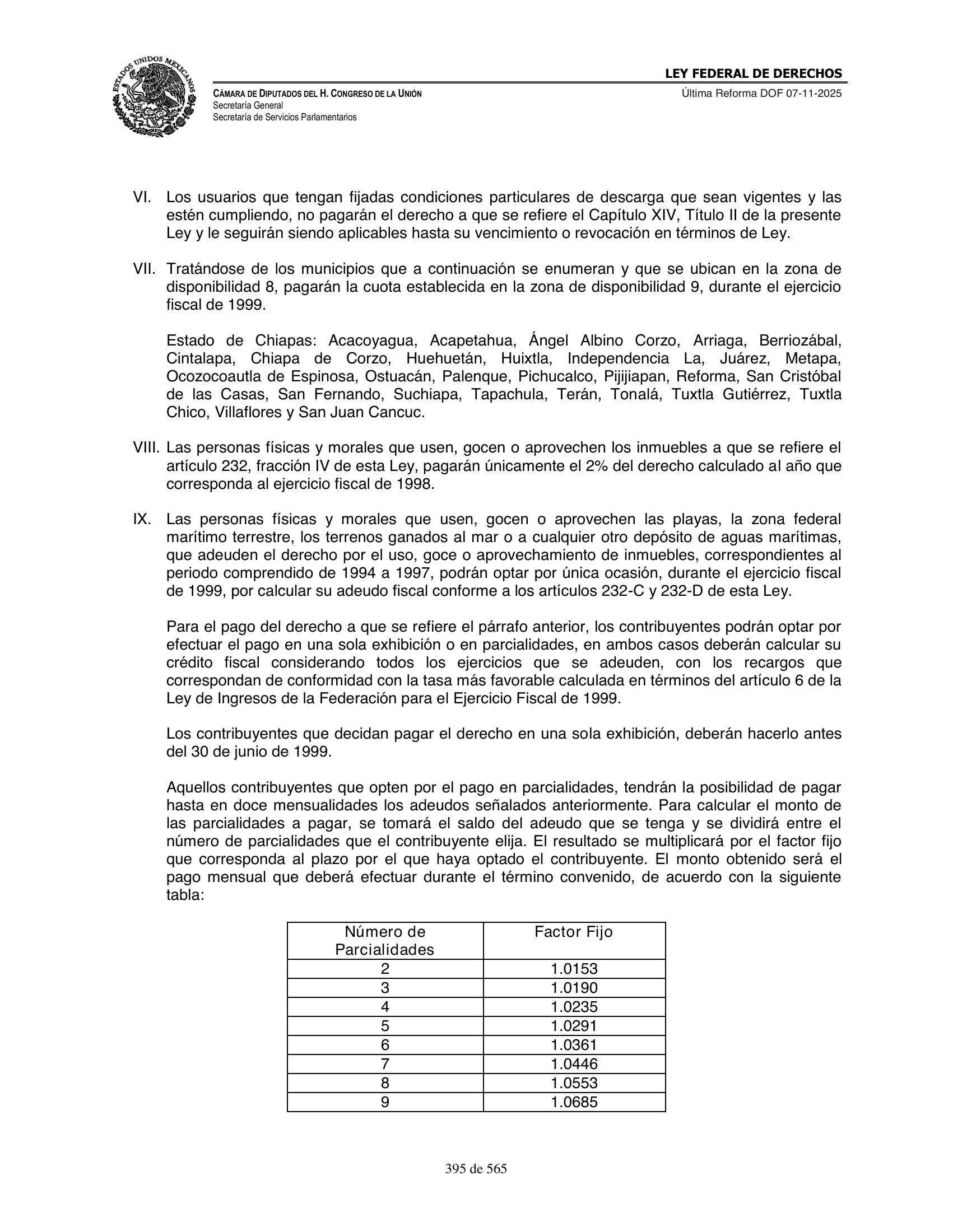 Ley Federal de Derechos — official Chamber compilation — original physical page 395 of 565; complete original page image governs, native search text may be incomplete.