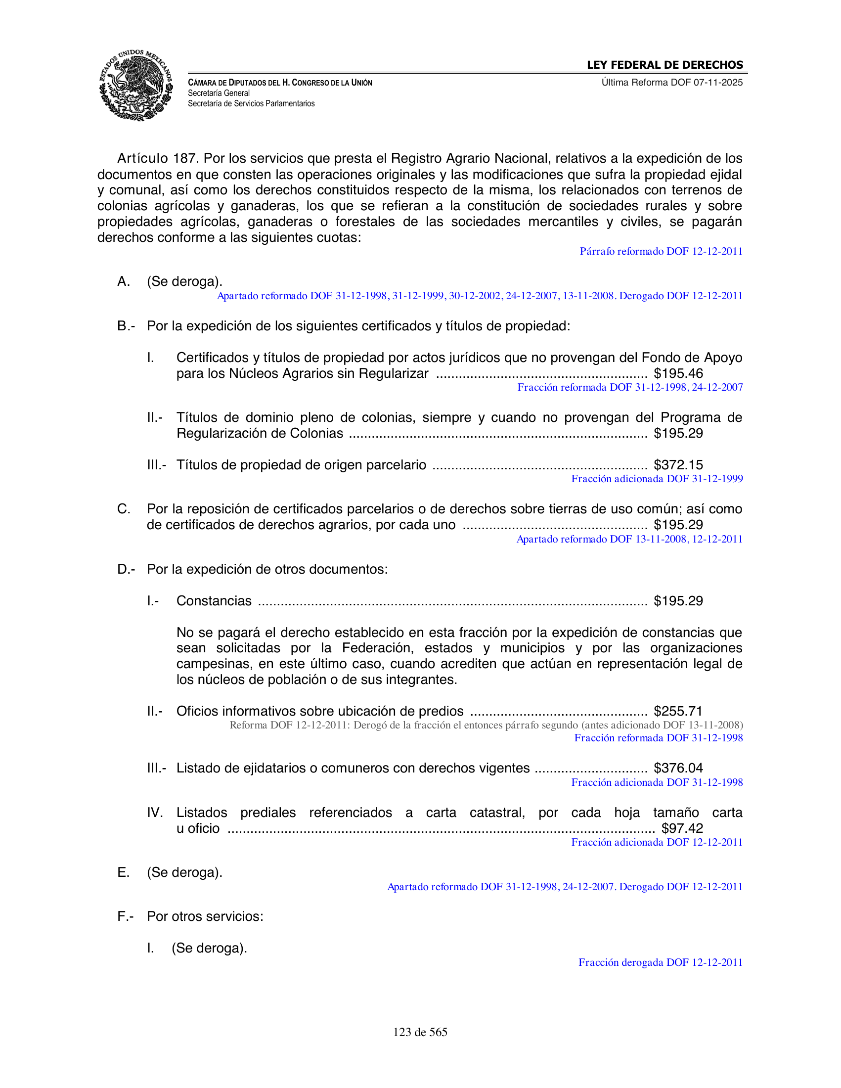 Ley Federal de Derechos — official Chamber compilation — original physical page 123 of 565; complete original page image governs, native search text may be incomplete.
