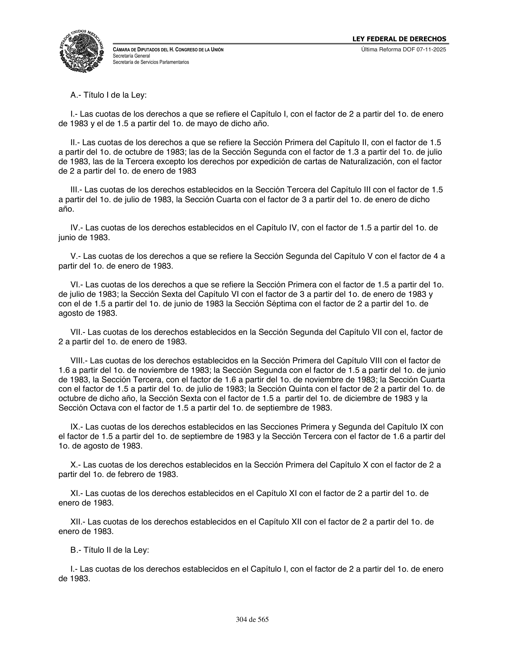 Ley Federal de Derechos — official Chamber compilation — original physical page 304 of 565; complete original page image governs, native search text may be incomplete.