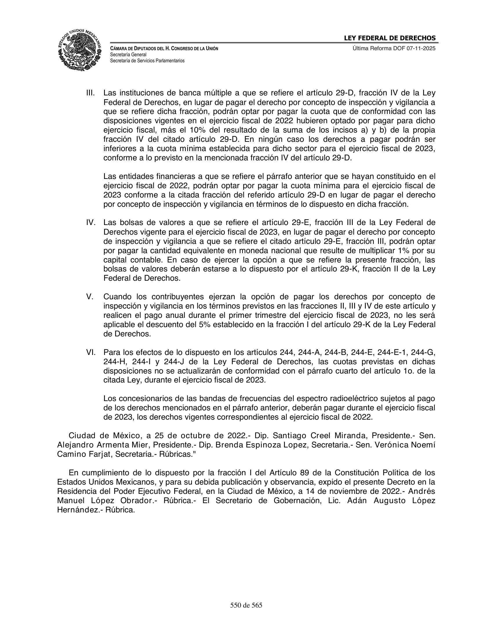 Ley Federal de Derechos — official Chamber compilation — original physical page 550 of 565; complete original page image governs, native search text may be incomplete.