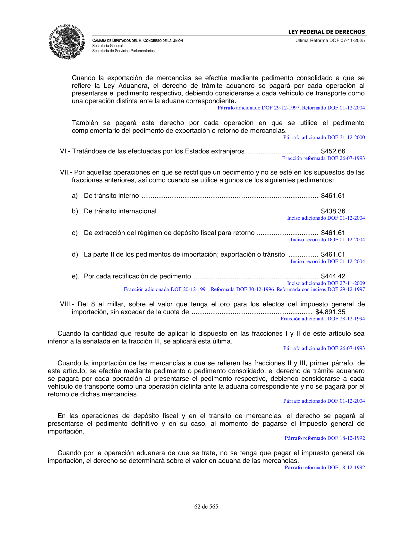 Ley Federal de Derechos — official Chamber compilation — original physical page 62 of 565; complete original page image governs, native search text may be incomplete.