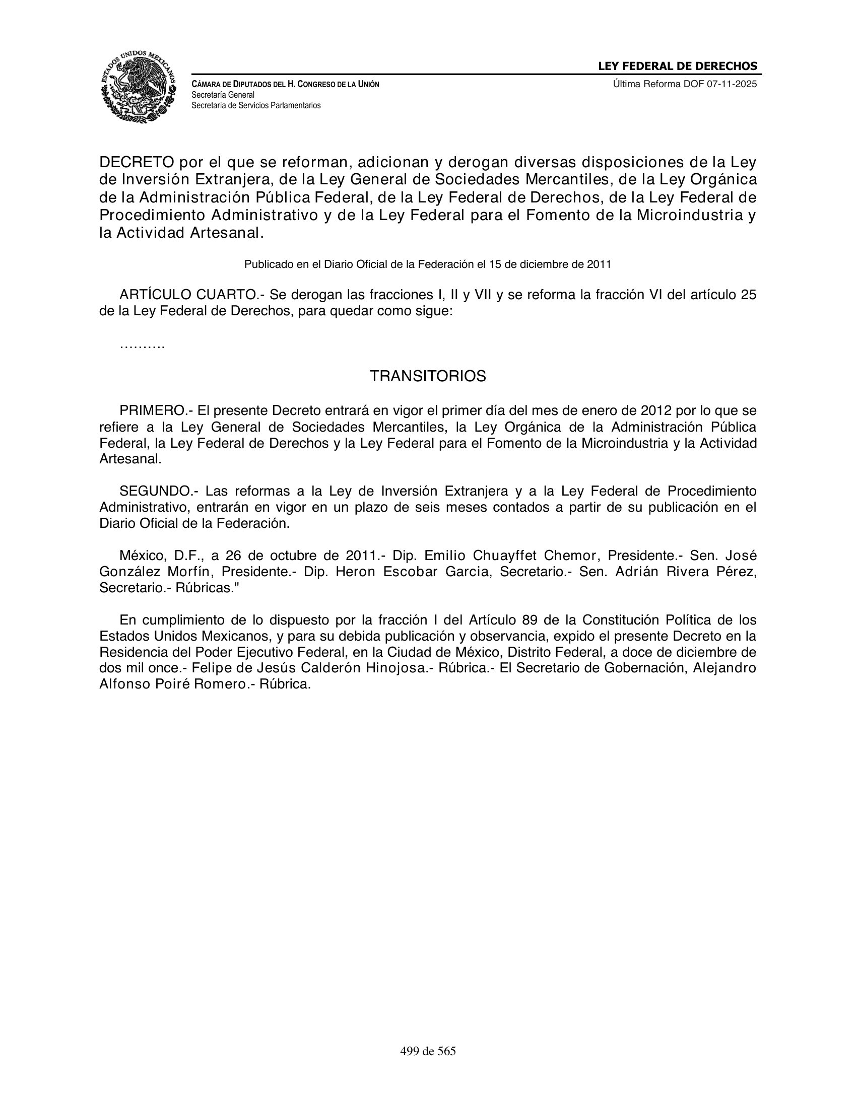 Ley Federal de Derechos — official Chamber compilation — original physical page 499 of 565; complete original page image governs, native search text may be incomplete.