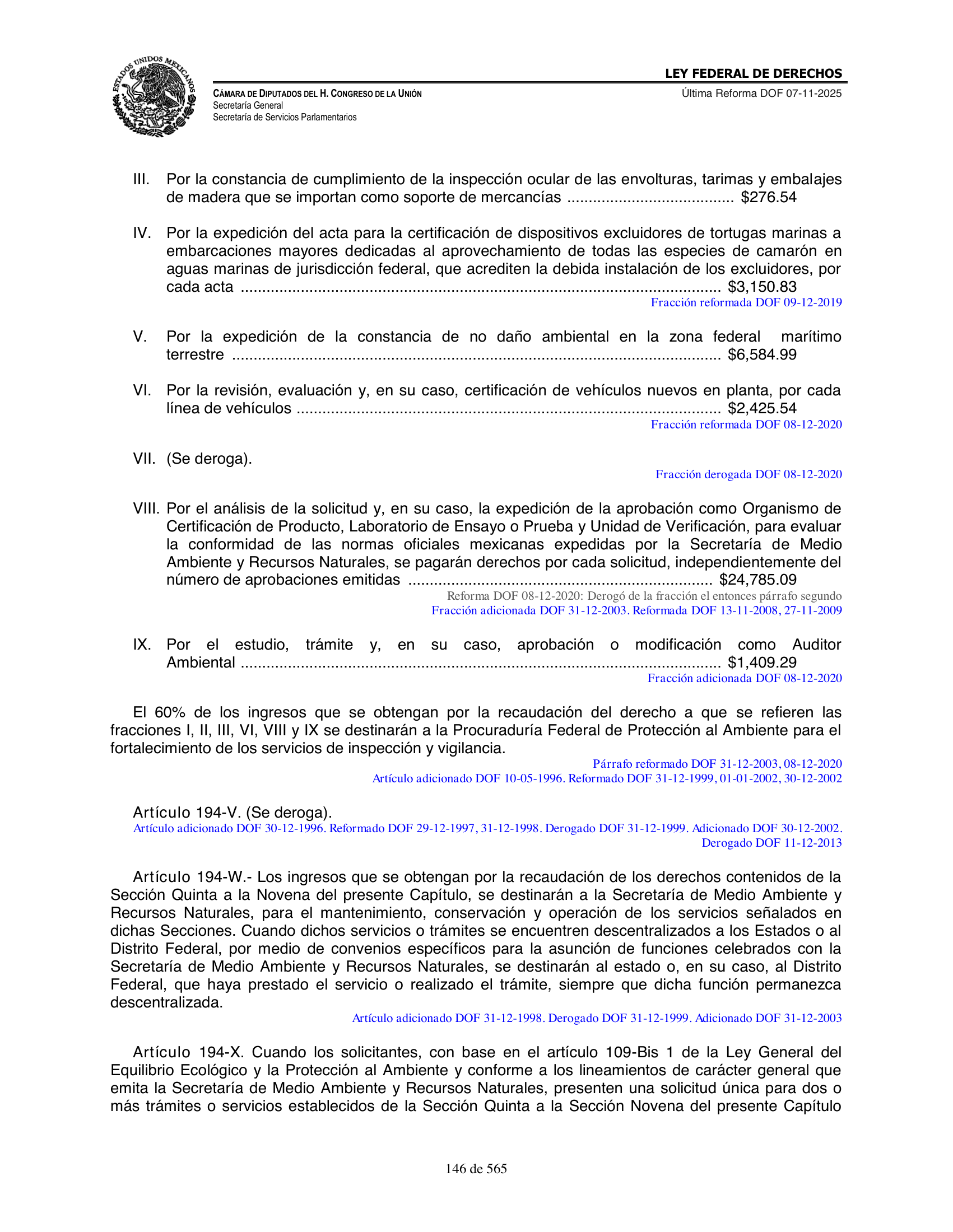 Ley Federal de Derechos — official Chamber compilation — original physical page 146 of 565; complete original page image governs, native search text may be incomplete.