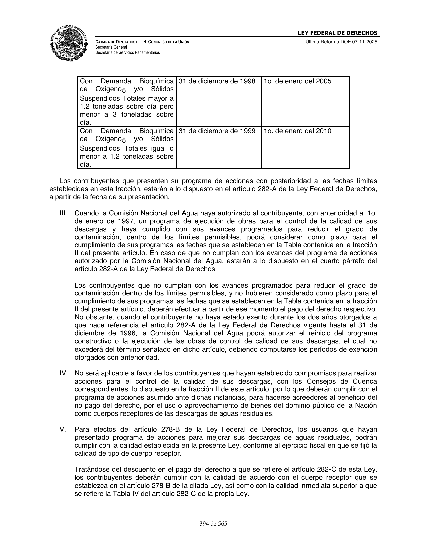 Ley Federal de Derechos — official Chamber compilation — original physical page 394 of 565; complete original page image governs, native search text may be incomplete.