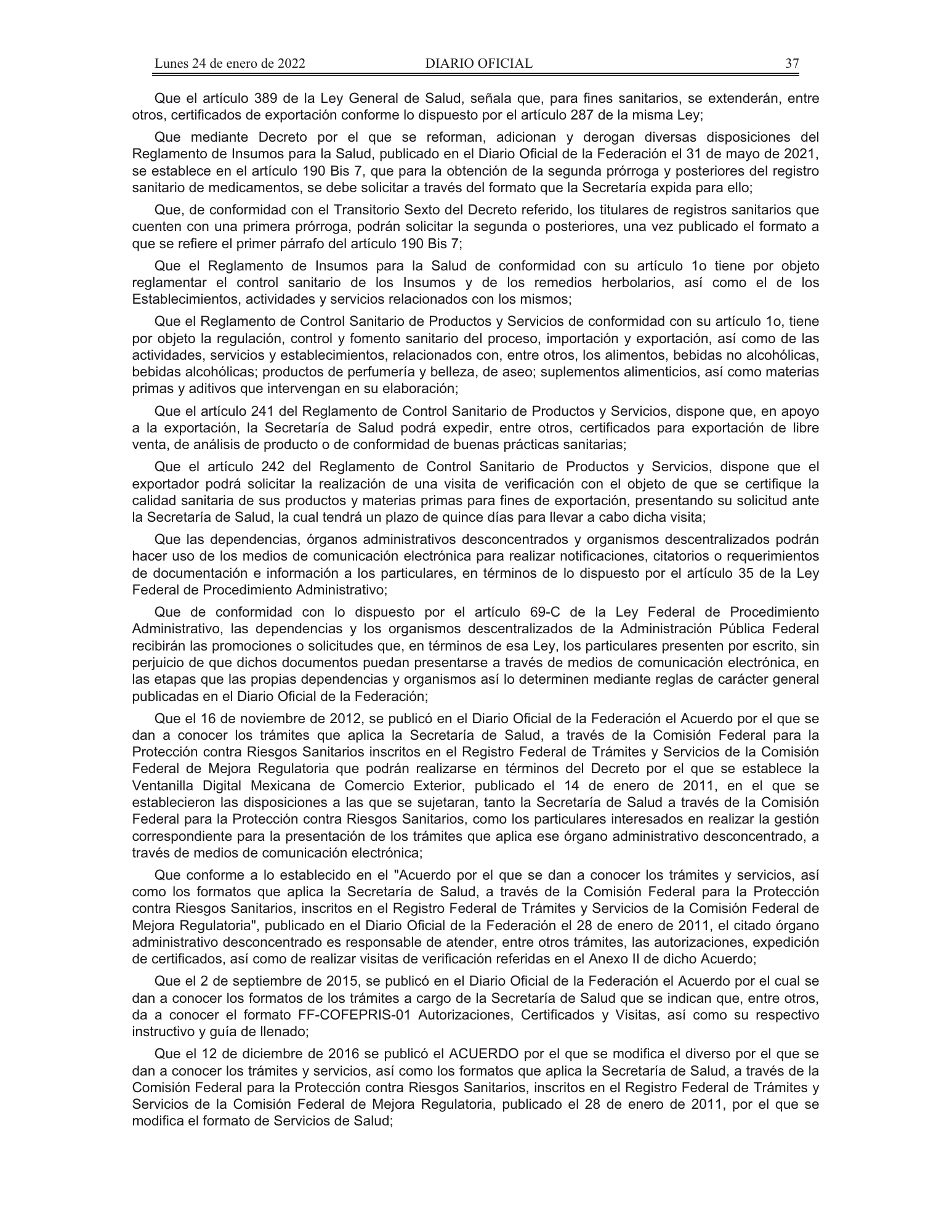 COFEPRIS procedures/forms amendment, DOF 24 January 2022 — original physical PDF page 2; complete page image is authoritative.