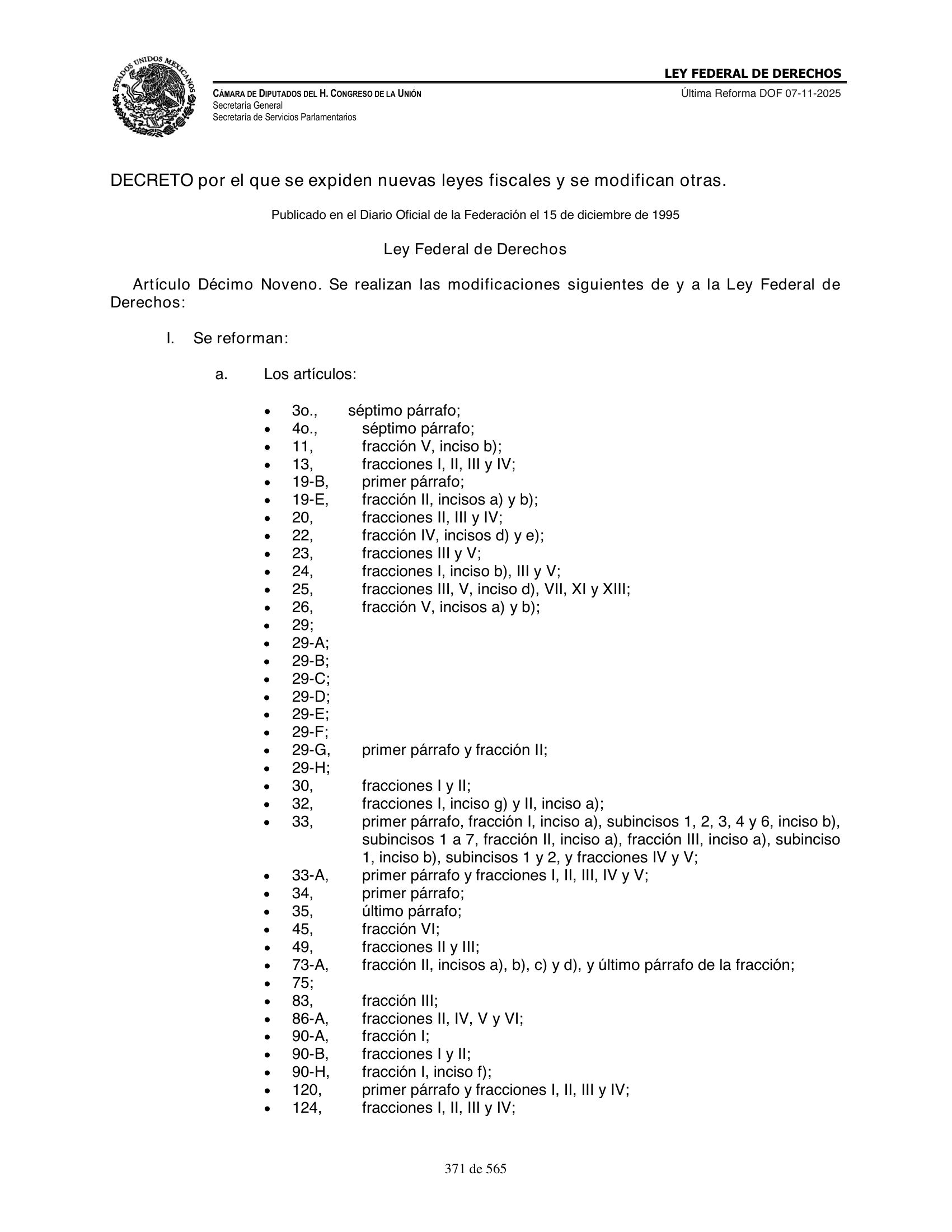 Ley Federal de Derechos — official Chamber compilation — original physical page 371 of 565; complete original page image governs, native search text may be incomplete.
