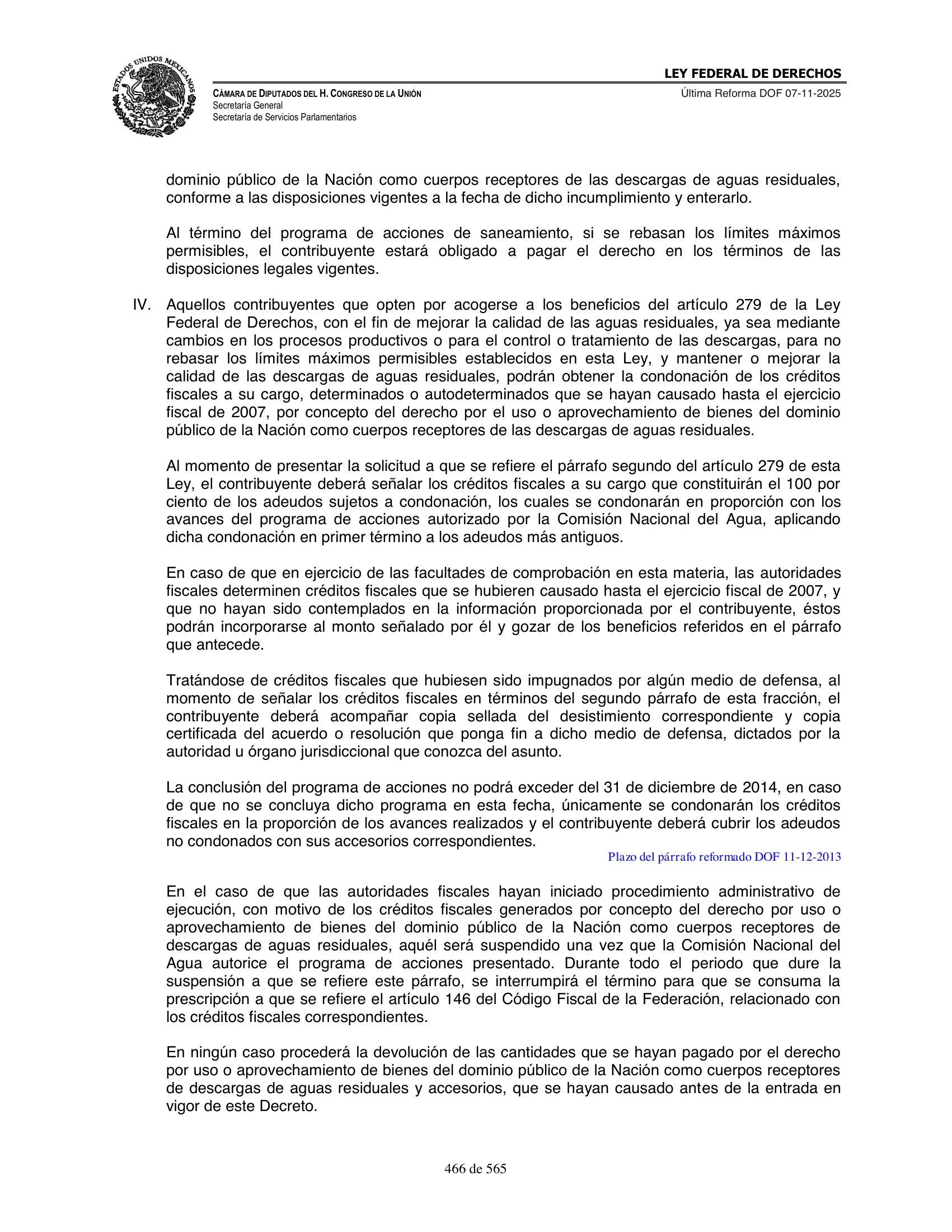 Ley Federal de Derechos — official Chamber compilation — original physical page 466 of 565; complete original page image governs, native search text may be incomplete.