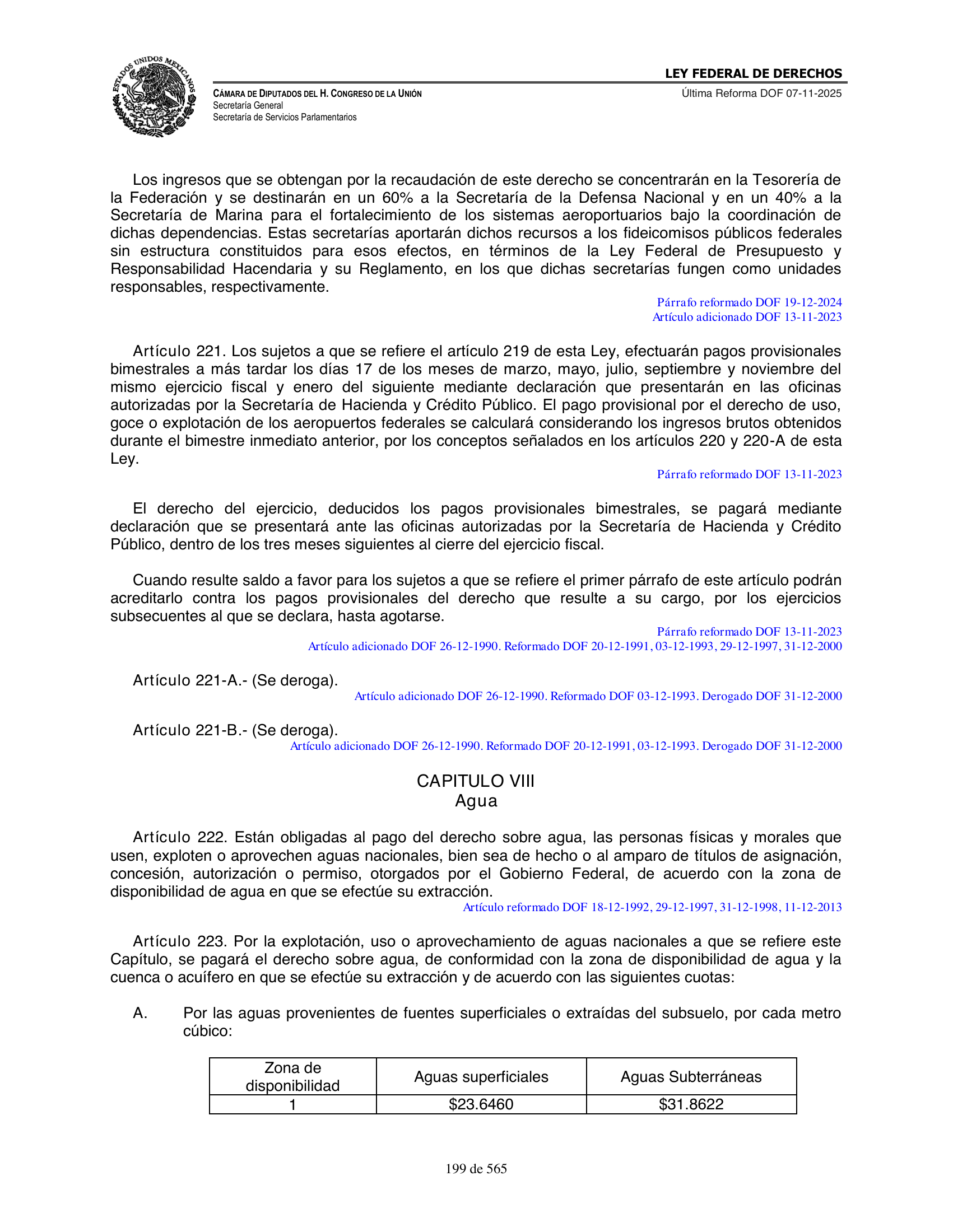 Ley Federal de Derechos — official Chamber compilation — original physical page 199 of 565; complete original page image governs, native search text may be incomplete.