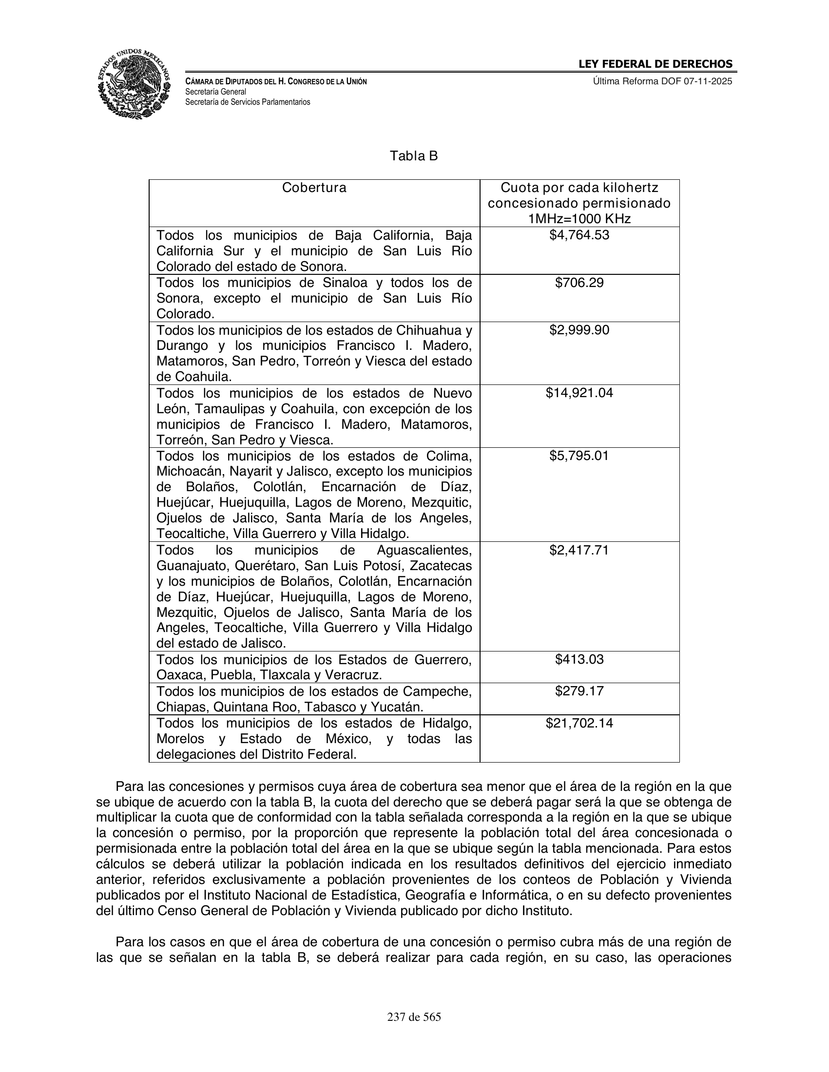 Ley Federal de Derechos — official Chamber compilation — original physical page 237 of 565; complete original page image governs, native search text may be incomplete.