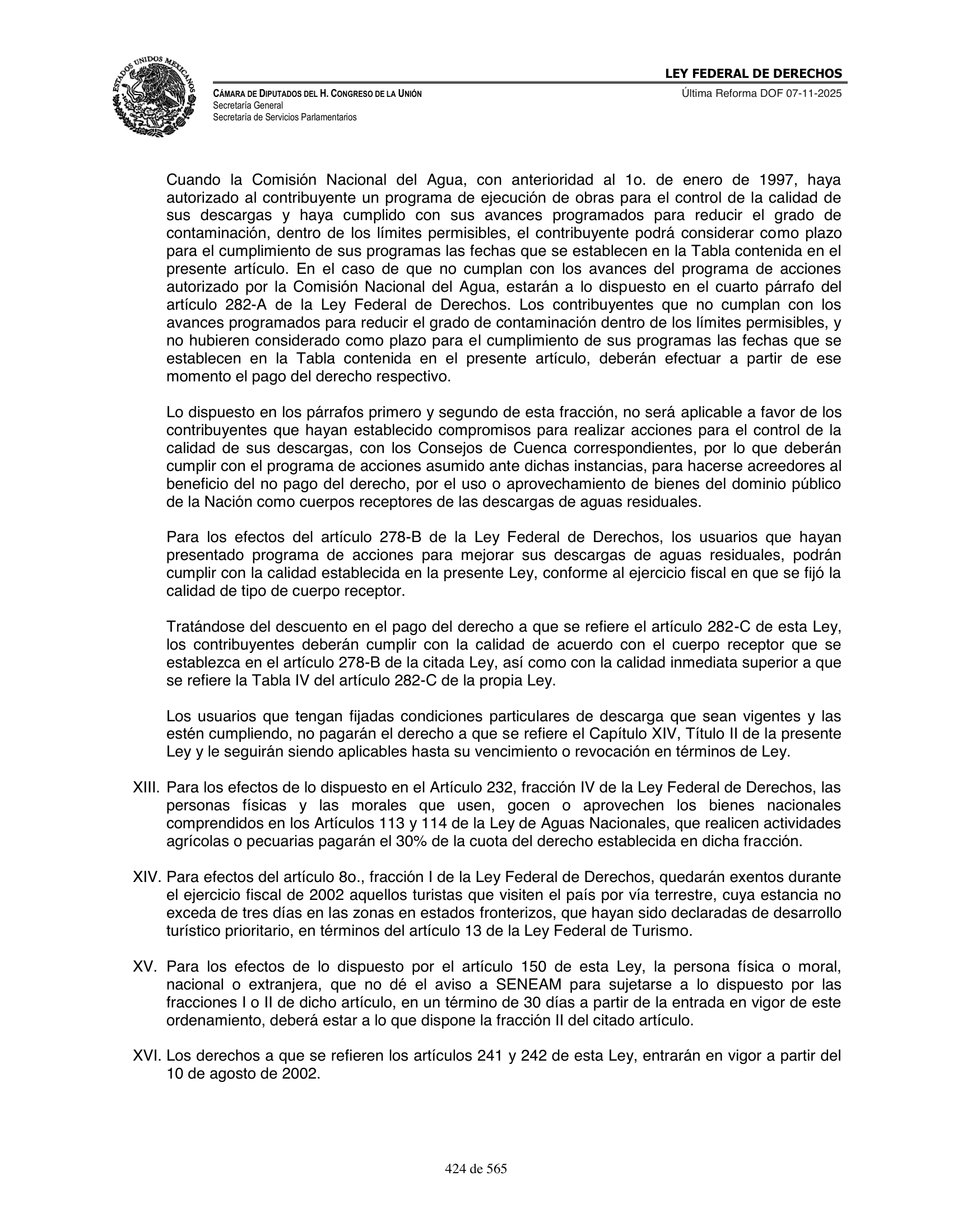 Ley Federal de Derechos — official Chamber compilation — original physical page 424 of 565; complete original page image governs, native search text may be incomplete.