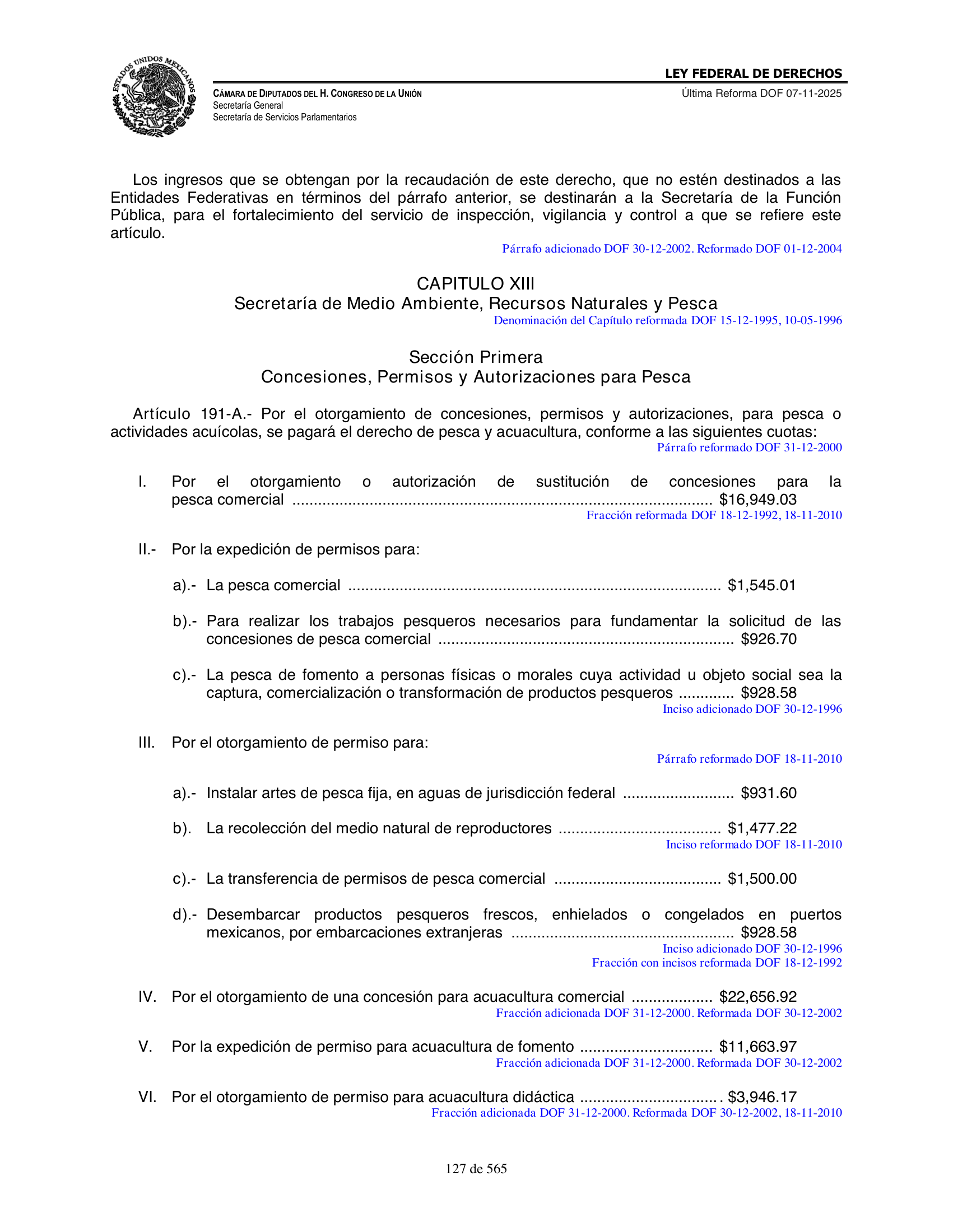 Ley Federal de Derechos — official Chamber compilation — original physical page 127 of 565; complete original page image governs, native search text may be incomplete.