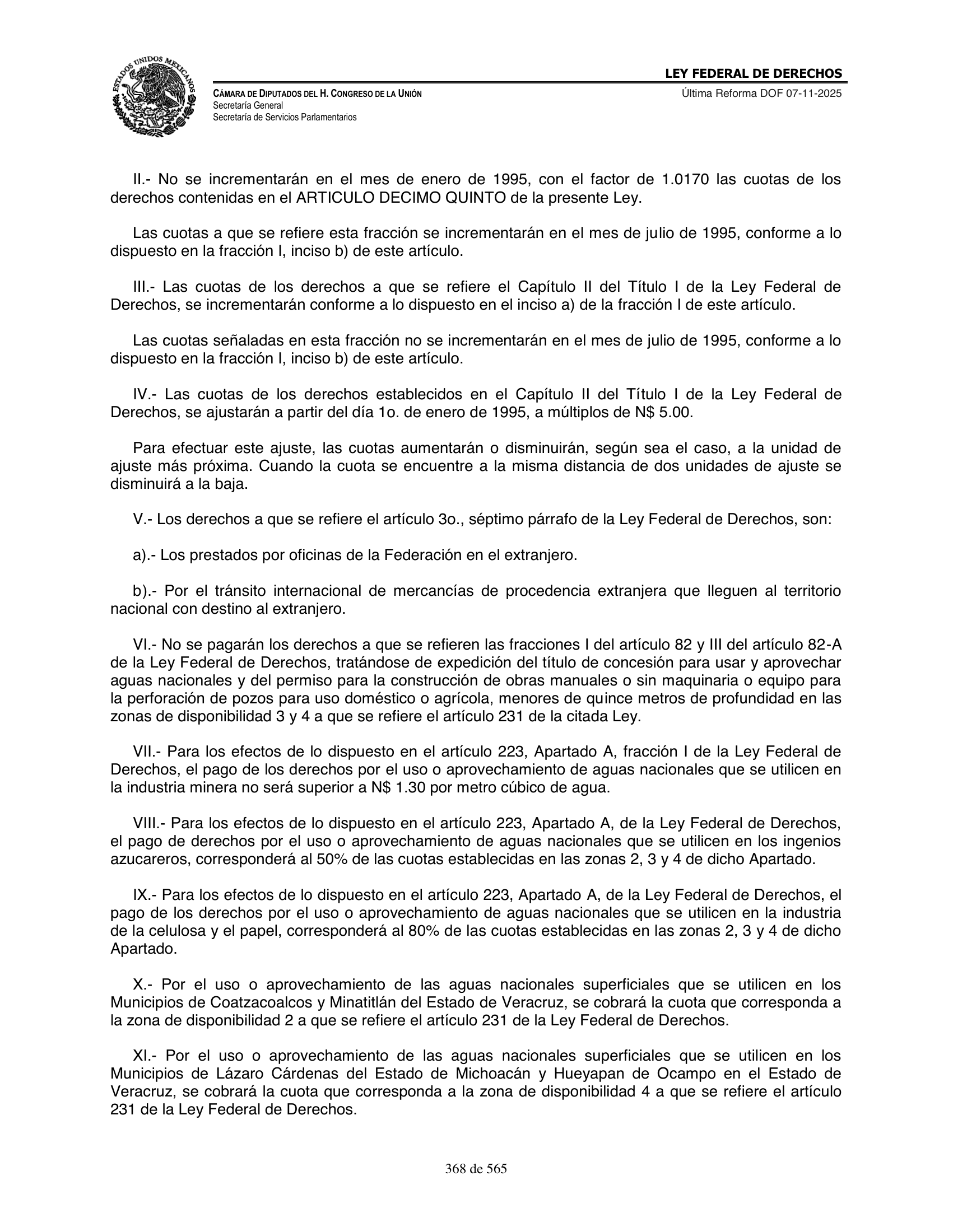 Ley Federal de Derechos — official Chamber compilation — original physical page 368 of 565; complete original page image governs, native search text may be incomplete.