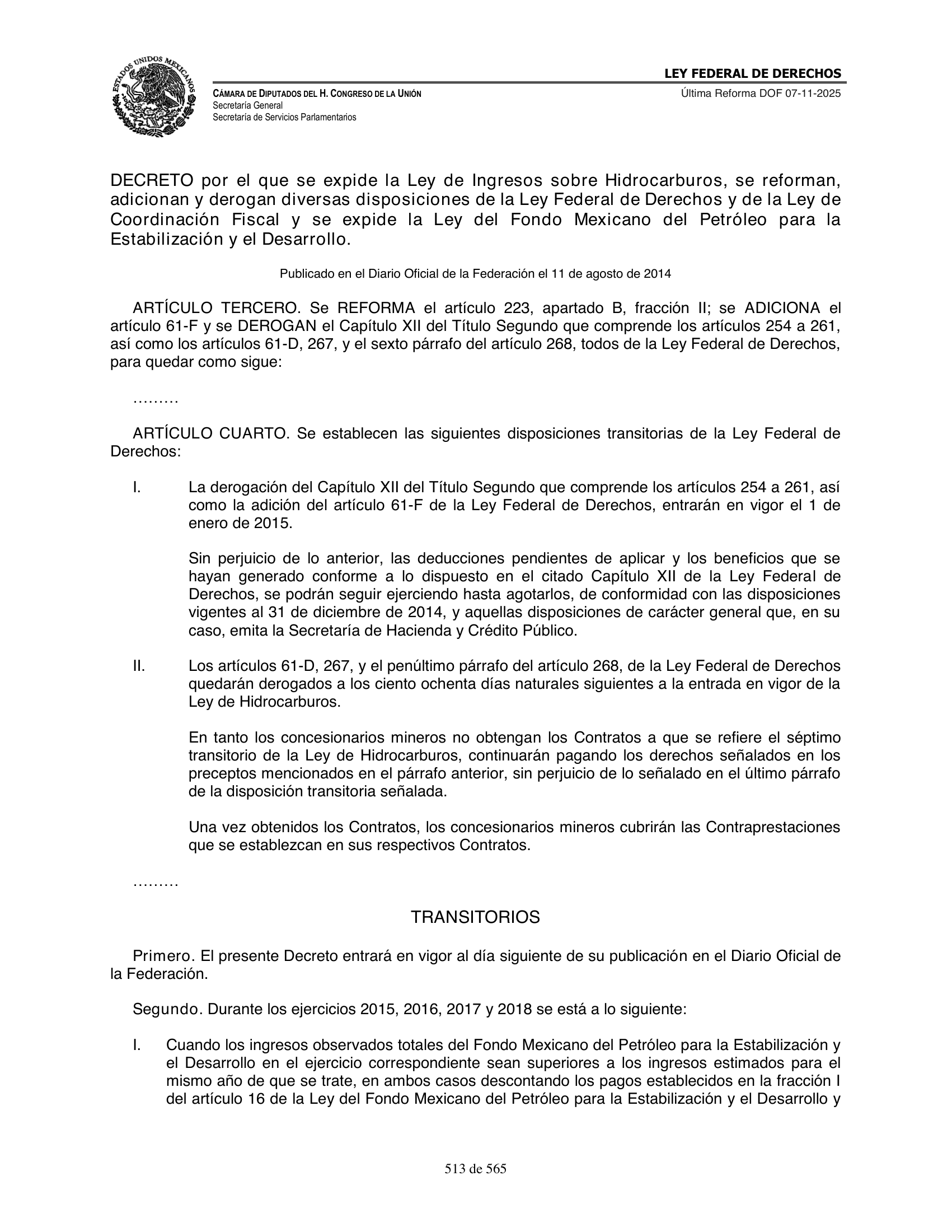 Ley Federal de Derechos — official Chamber compilation — original physical page 513 of 565; complete original page image governs, native search text may be incomplete.