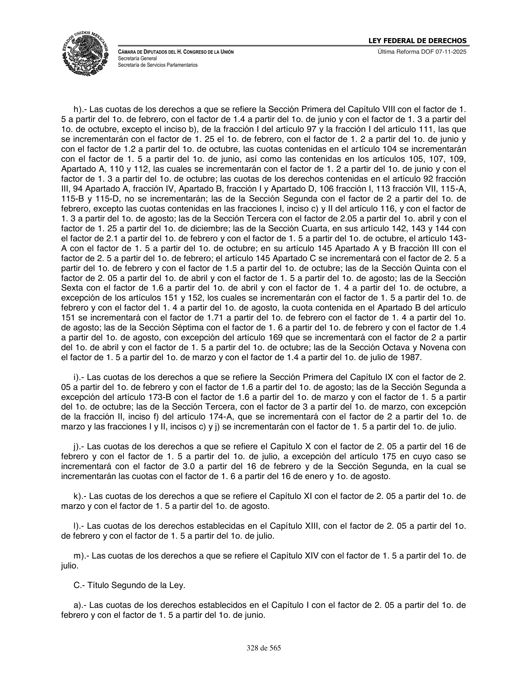 Ley Federal de Derechos — official Chamber compilation — original physical page 328 of 565; complete original page image governs, native search text may be incomplete.