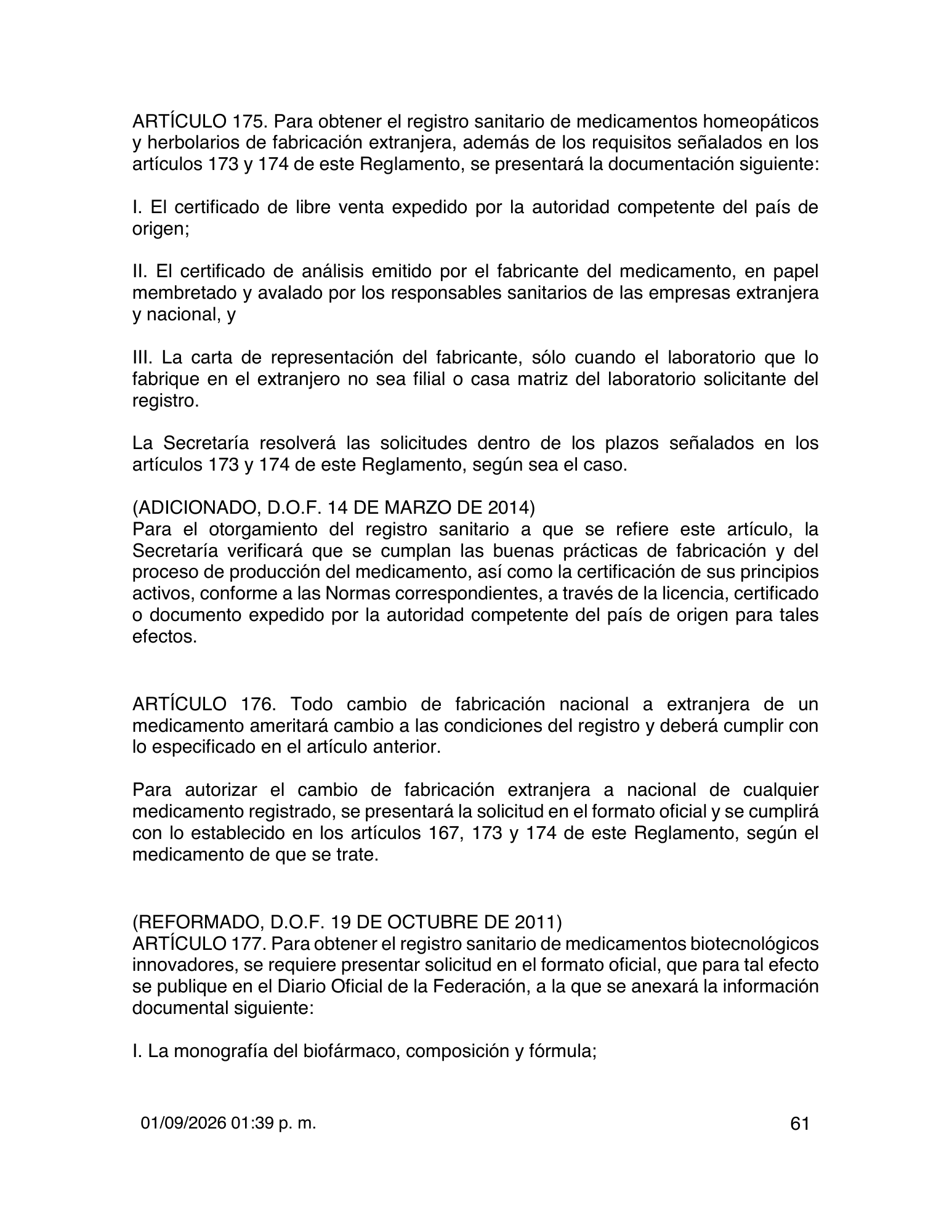 Reglamento de Insumos para la Salud — 2026 compiled expression — official PDF page 61
