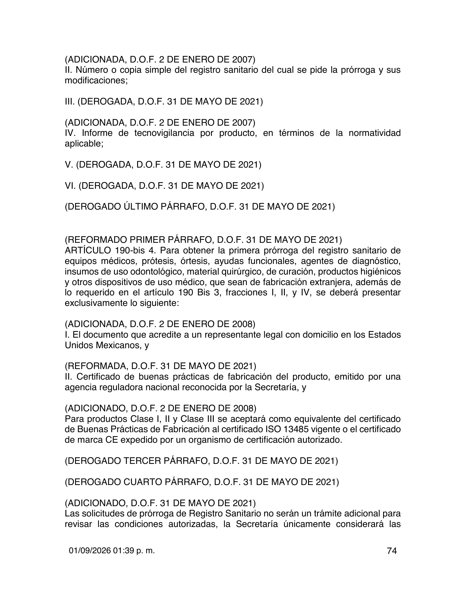 Reglamento de Insumos para la Salud — 2026 compiled expression — official PDF page 74