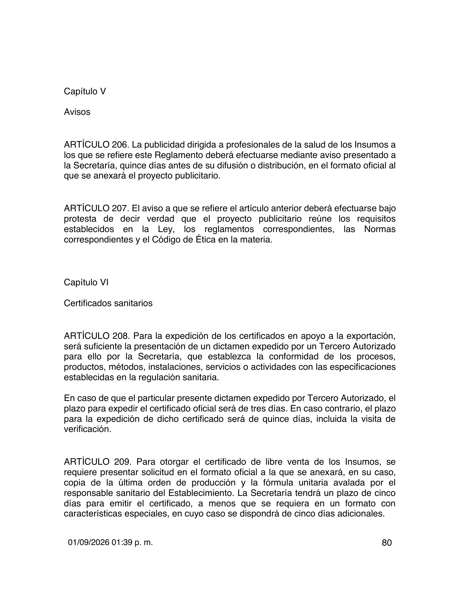Reglamento de Insumos para la Salud — 2026 compiled expression — official PDF page 80