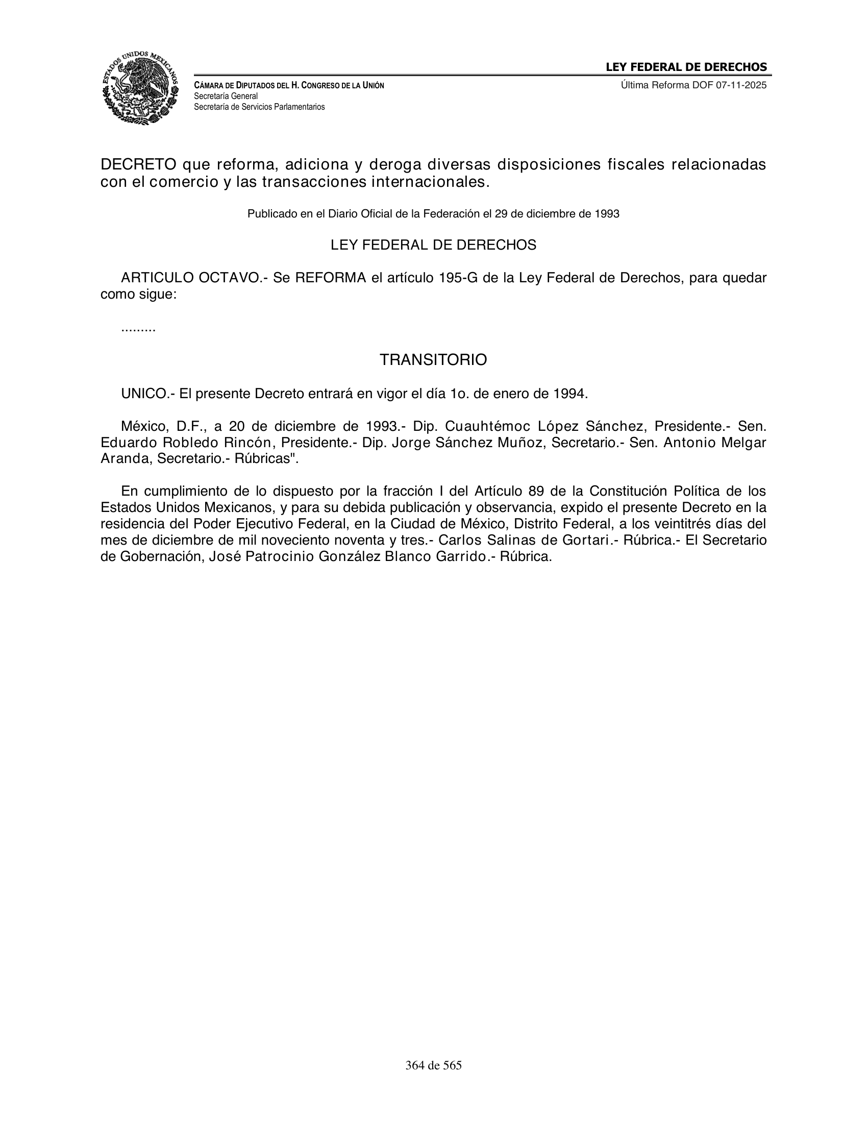 Ley Federal de Derechos — official Chamber compilation — original physical page 364 of 565; complete original page image governs, native search text may be incomplete.