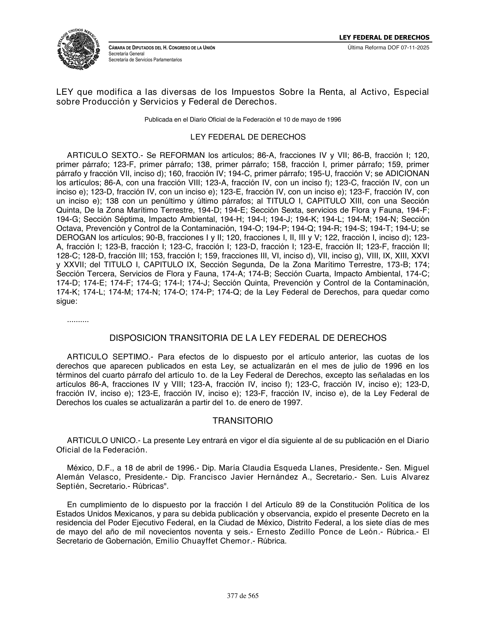 Ley Federal de Derechos — official Chamber compilation — original physical page 377 of 565; complete original page image governs, native search text may be incomplete.