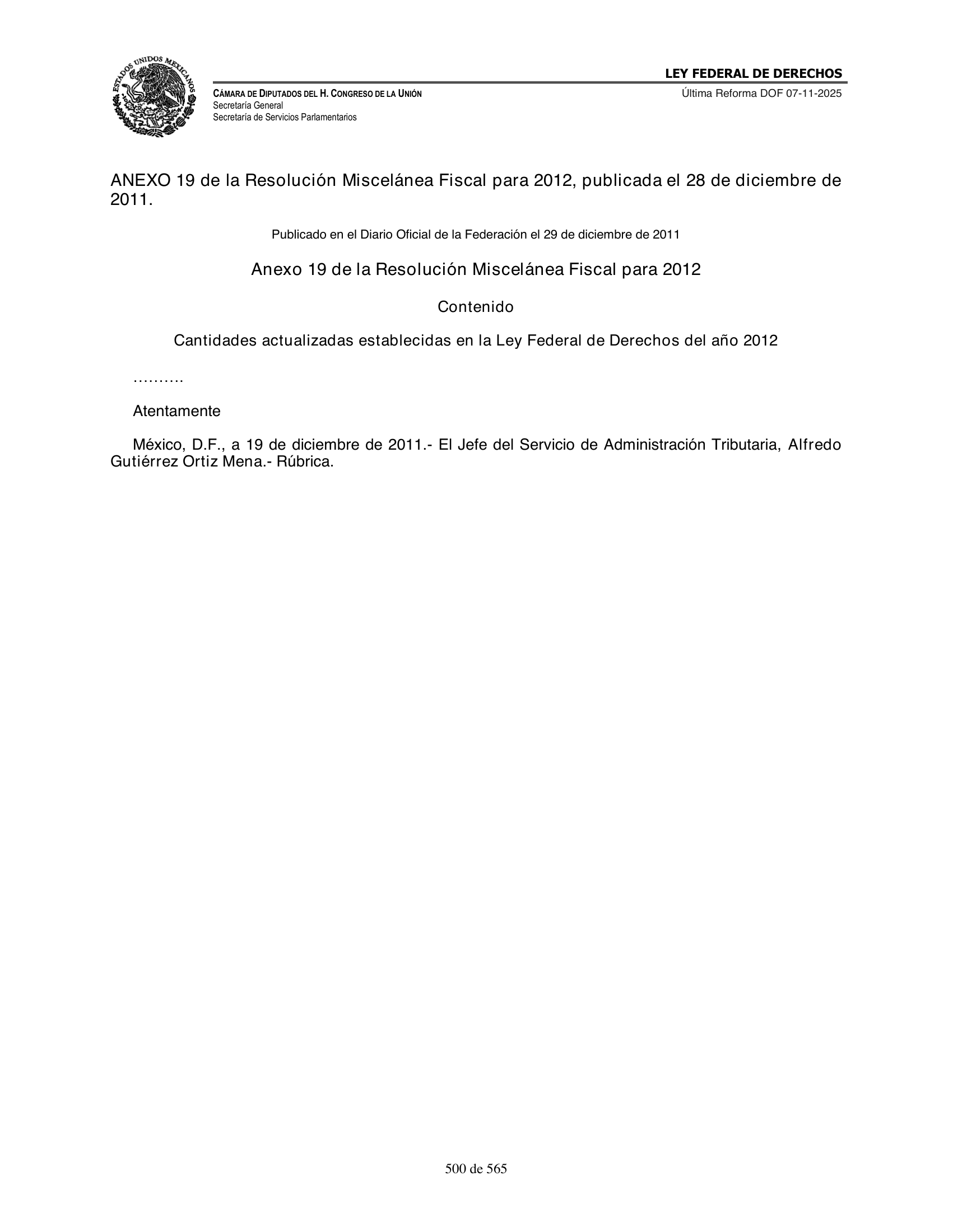 Ley Federal de Derechos — official Chamber compilation — original physical page 500 of 565; complete original page image governs, native search text may be incomplete.