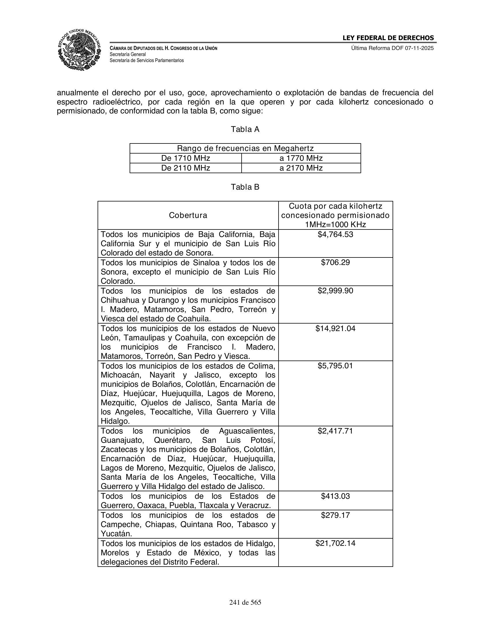 Ley Federal de Derechos — official Chamber compilation — original physical page 241 of 565; complete original page image governs, native search text may be incomplete.