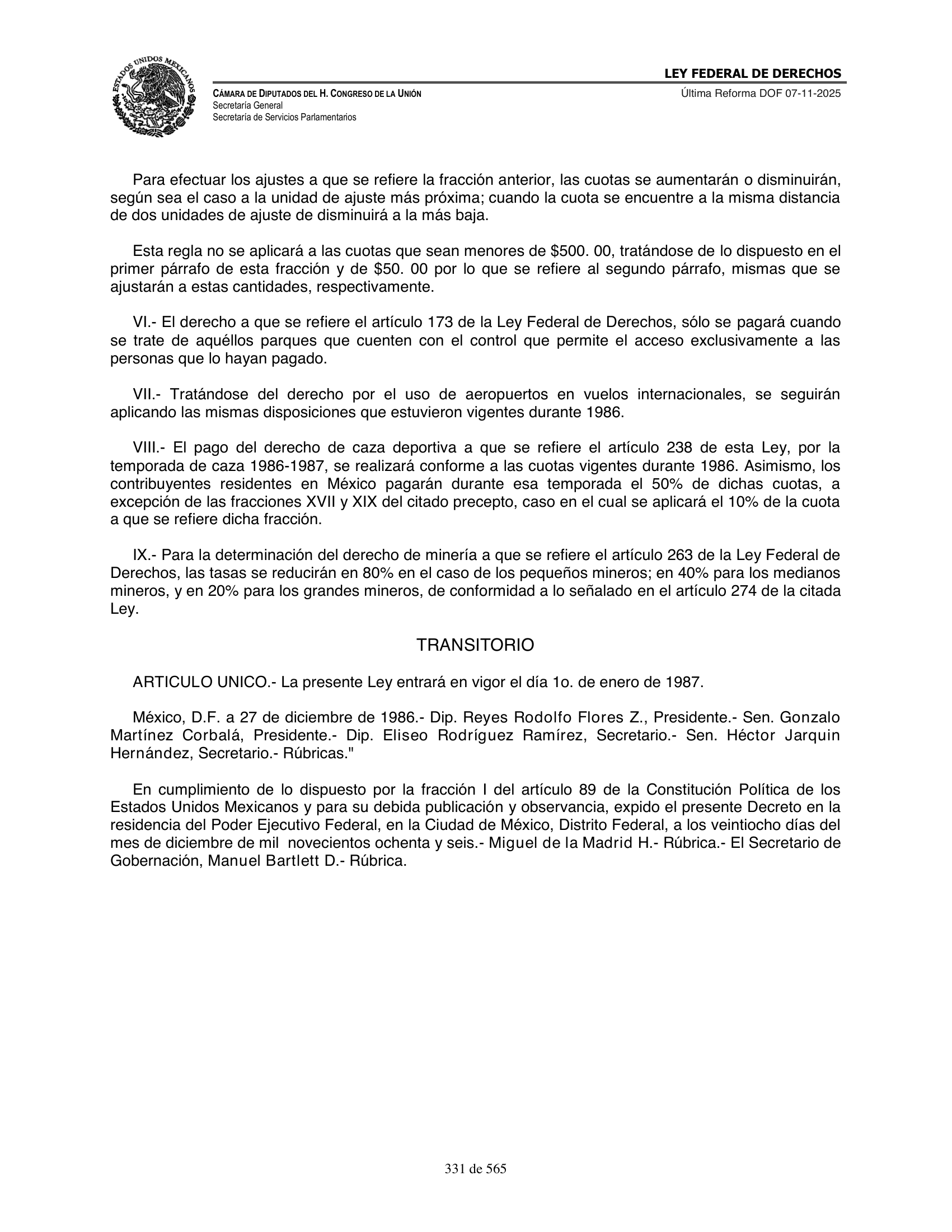 Ley Federal de Derechos — official Chamber compilation — original physical page 331 of 565; complete original page image governs, native search text may be incomplete.