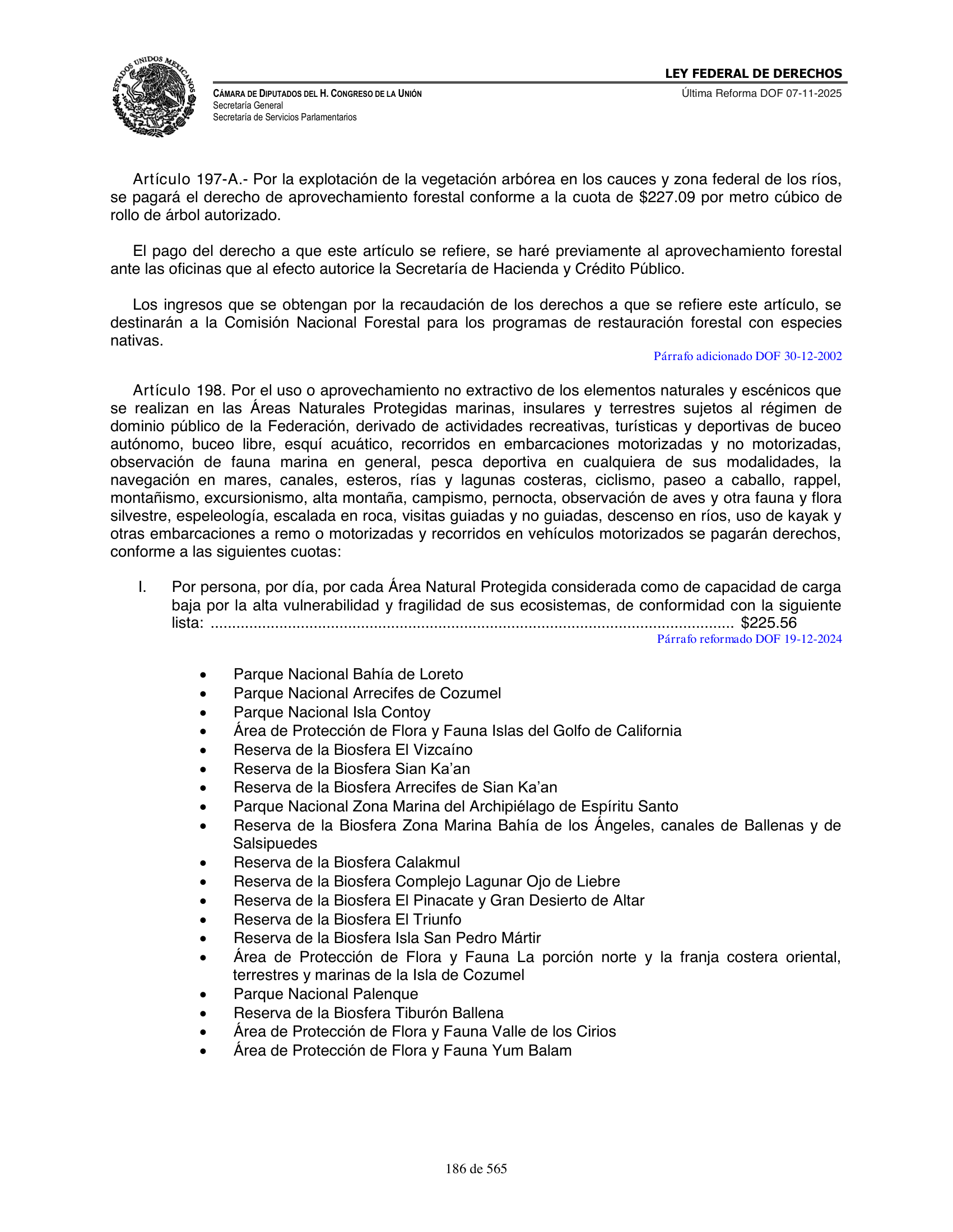 Ley Federal de Derechos — official Chamber compilation — original physical page 186 of 565; complete original page image governs, native search text may be incomplete.