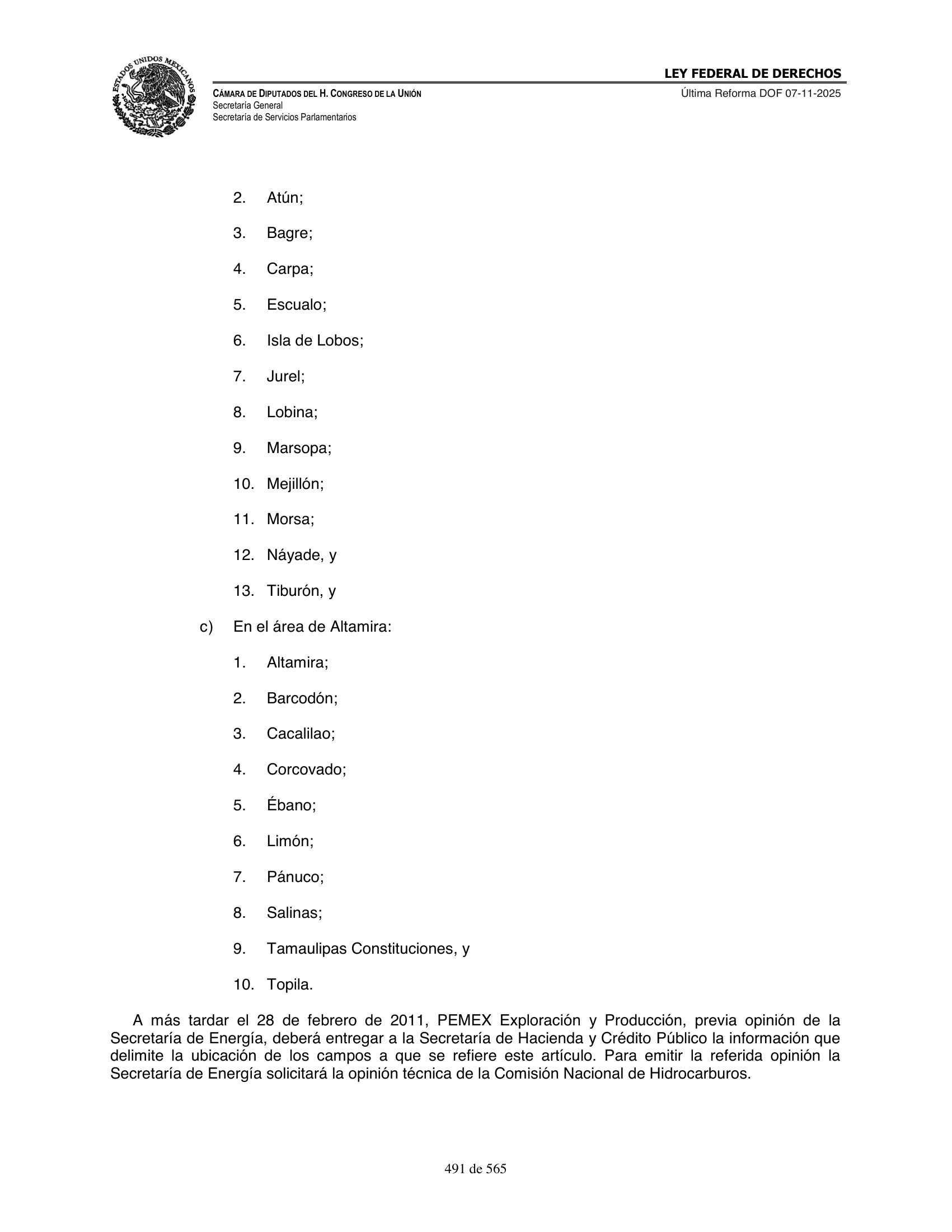 Ley Federal de Derechos — official Chamber compilation — original physical page 491 of 565; complete original page image governs, native search text may be incomplete.