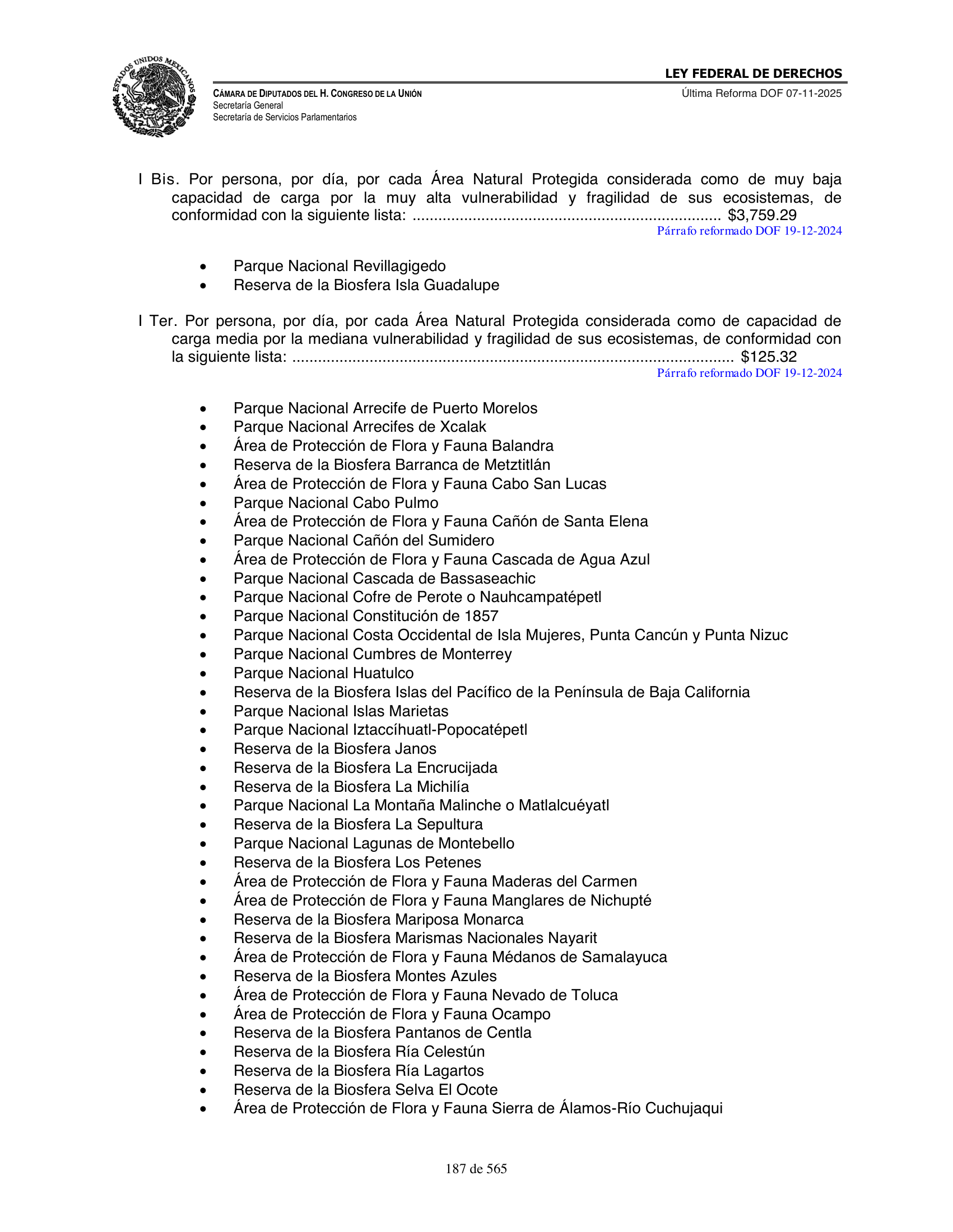 Ley Federal de Derechos — official Chamber compilation — original physical page 187 of 565; complete original page image governs, native search text may be incomplete.
